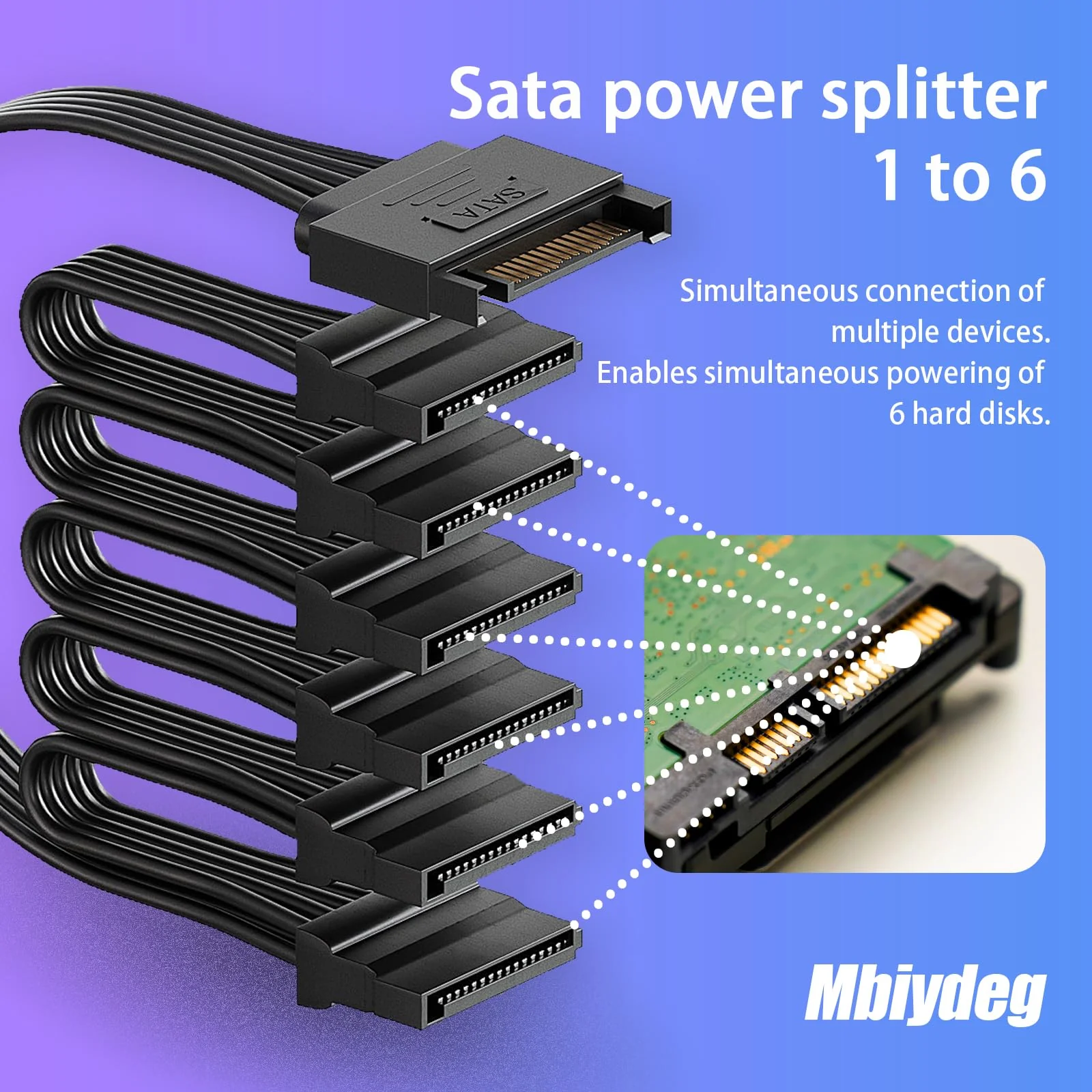 sata Power Splitter Cable 6 Way, 15 Pin SATA to 6 SATA Power Cable for HDD、SSD、Optical Drives, sata Cables, sata Power Connector Supply Extension Cable, Black - Image 3