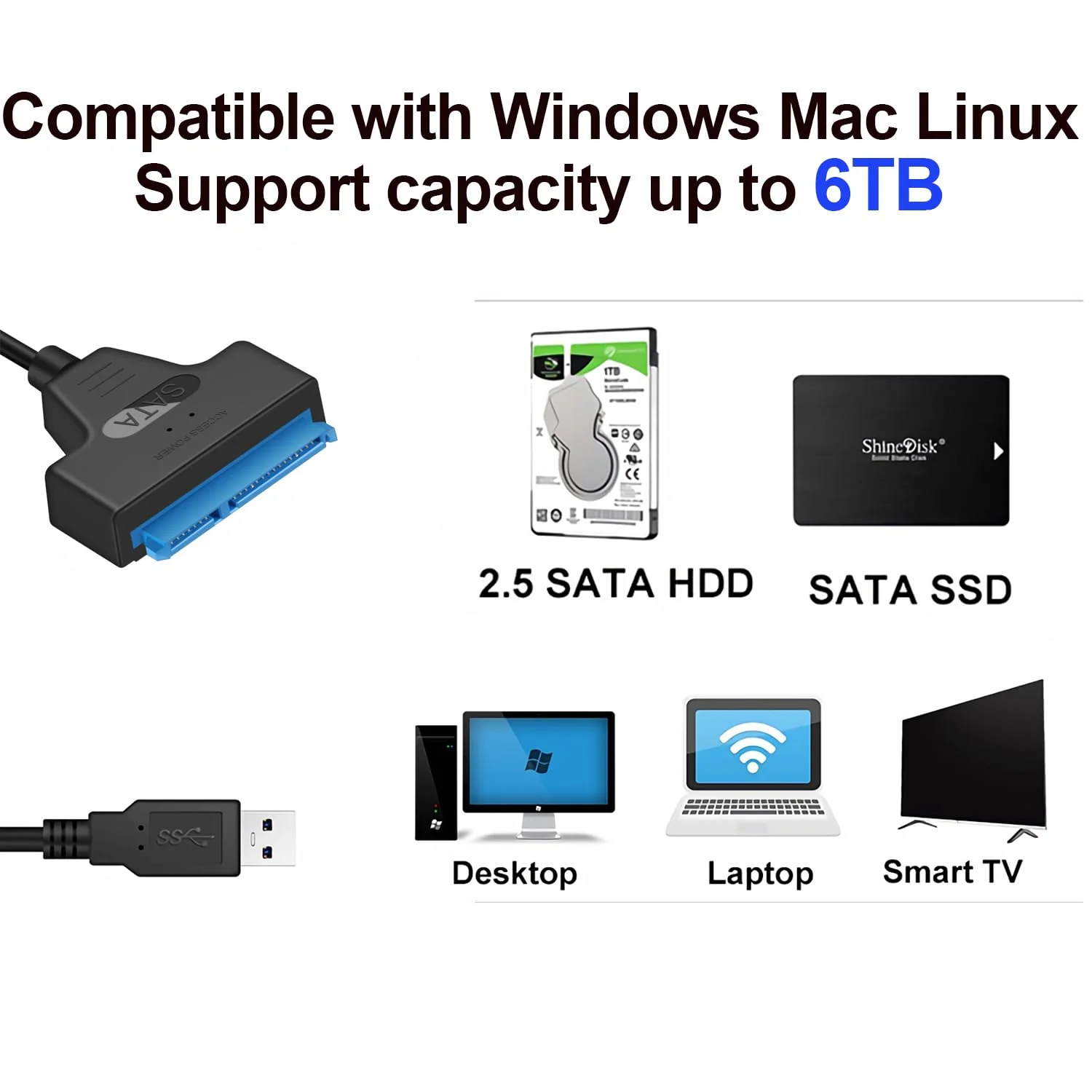 SATA to USB 3.0 Adapter Cable for 2.5 inch Hard Drive HDD/SSD Data Transfer, External Hard Drive Converter Support UASP (Black) Black - Image 3