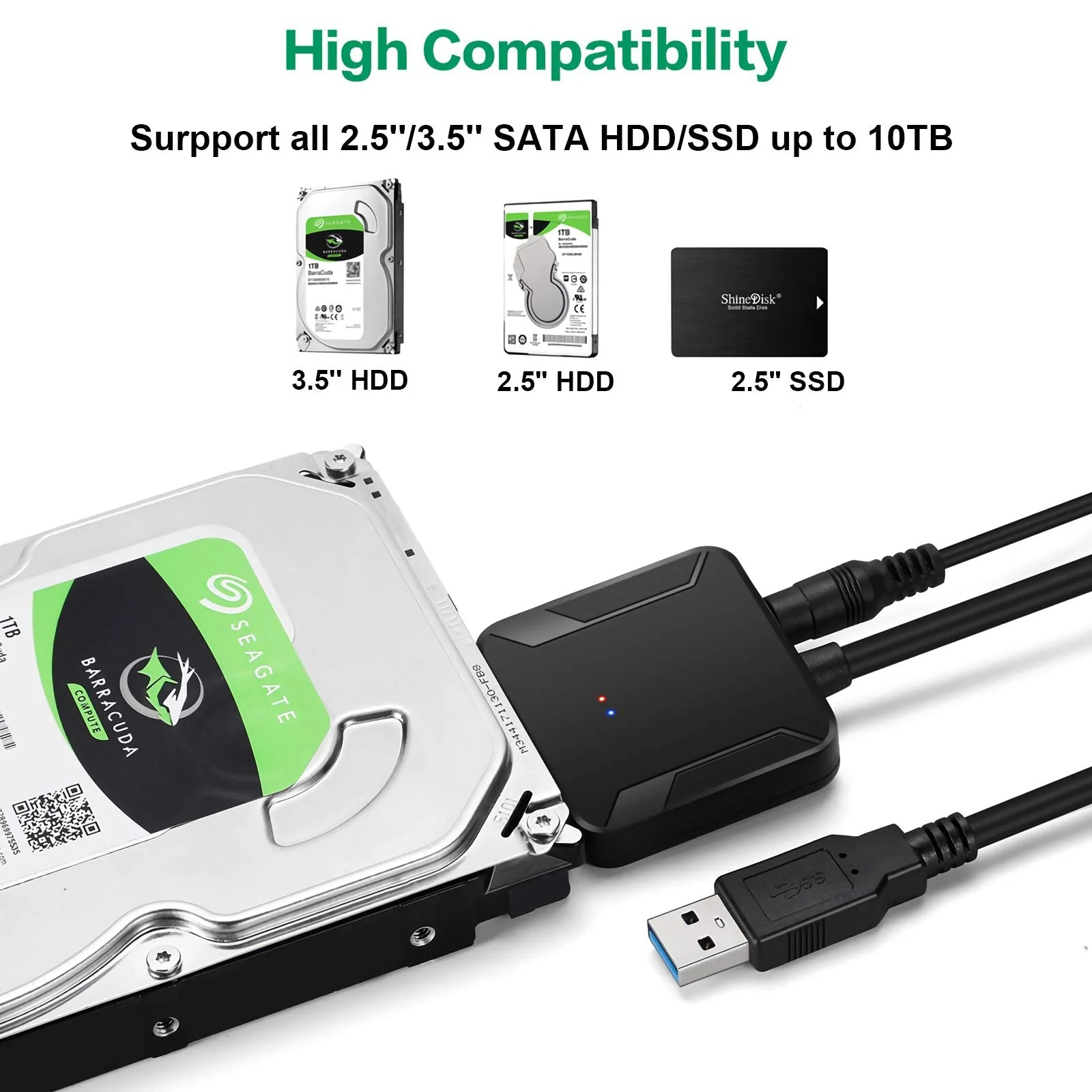 SATA to USB 3.0 Adapter, External Hard Drive Converter Cable for 2.5" 3.5" HDD, SSD with Power Supply for SATA 3.5 SSD HDD - Image 2