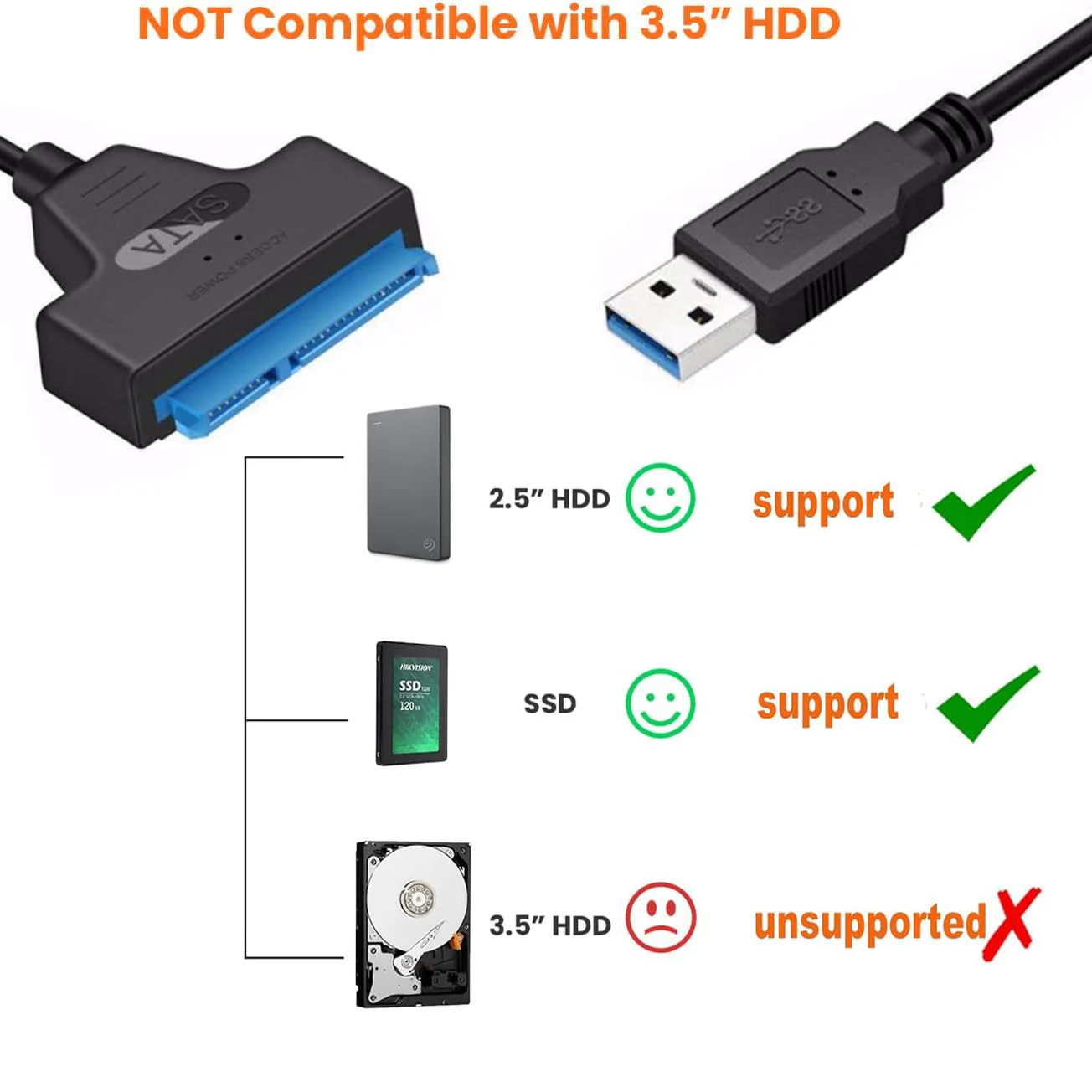 SATA to USB 3.0 Cable, USB to SATA III Hard Drive Adapter for 2.5 Inch SSD & HDD Data Transfer, Support UASP - Image 4