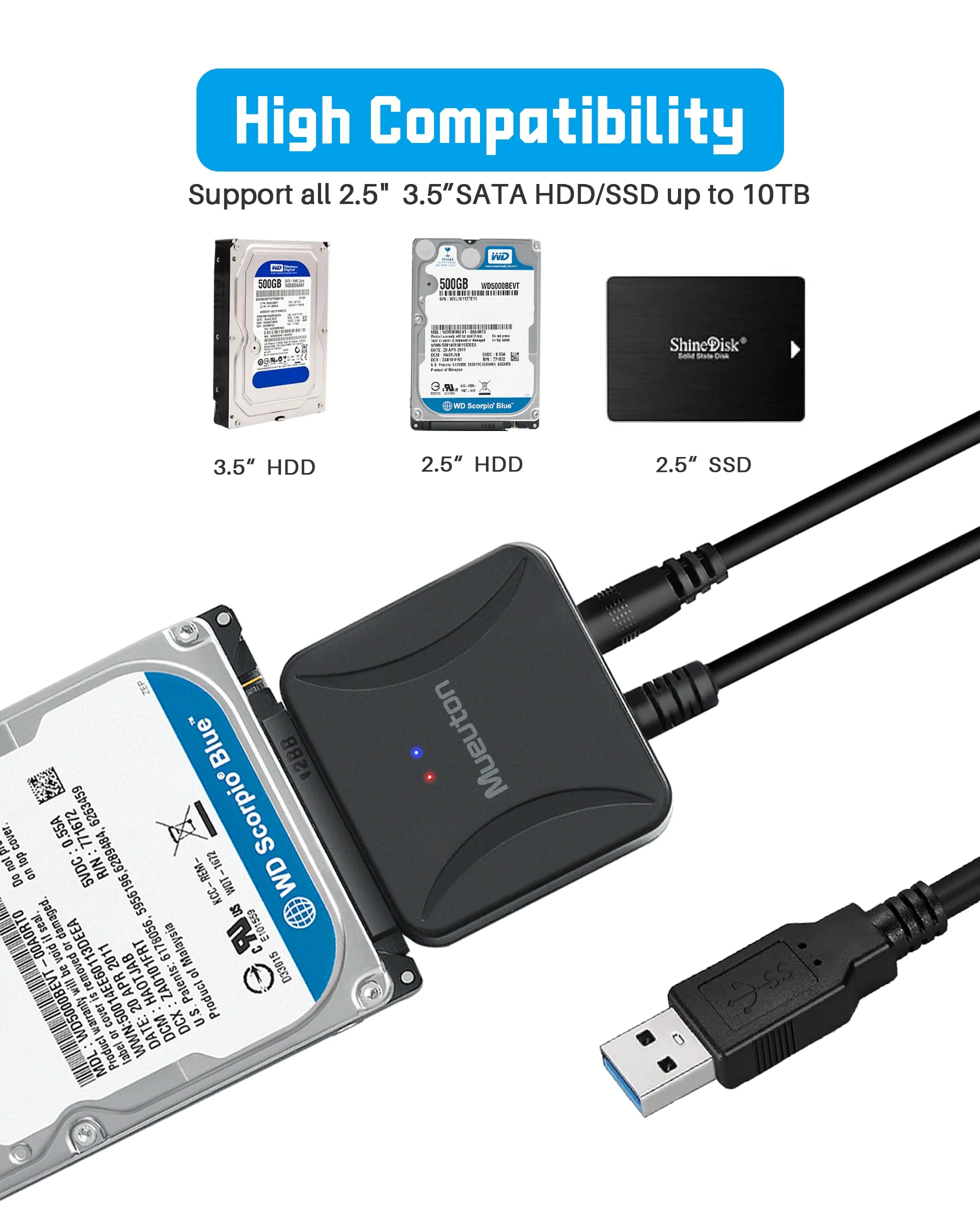 SATA to USB Adapter, USB 3.0 to SATA III Hard Drive Adapter, SATA to USB, Hard Drive Reader for 2.5/3.5 inch HDD SSD UASP with 12V/2A Power Adapter Black - Image 3