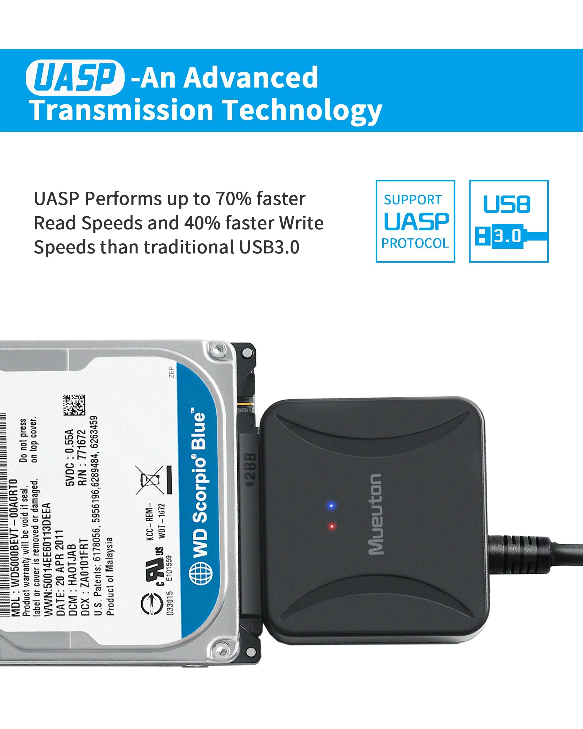 SATA to USB Adapter, USB 3.0 to SATA III Hard Drive Adapter, SATA to USB, Hard Drive Reader for 2.5/3.5 inch HDD SSD UASP with 12V/2A Power Adapter Black - Image 4