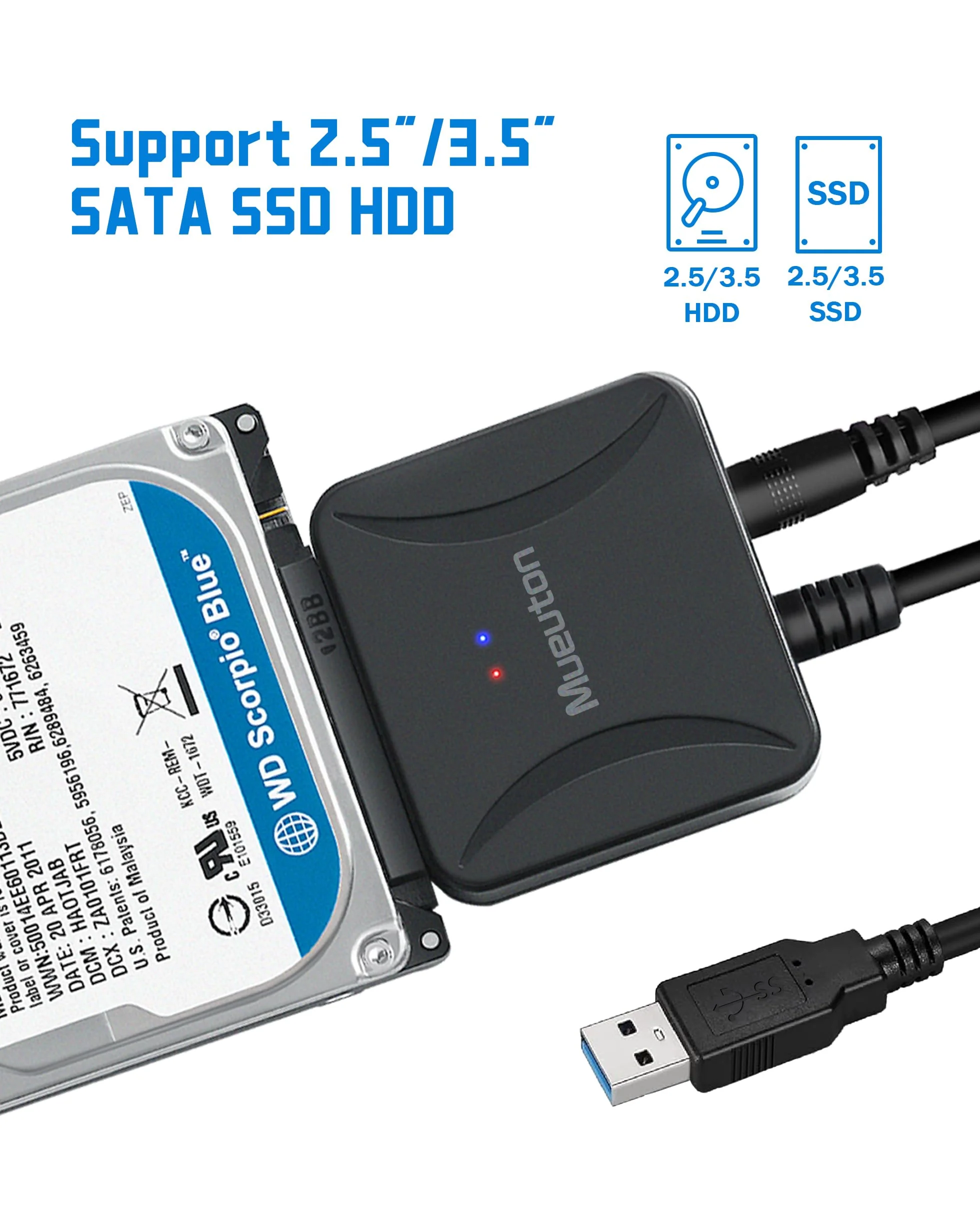 SATA to USB Adapter, USB 3.0 to SATA III Hard Drive Adapter, SATA to USB, Hard Drive Reader for 2.5/3.5 inch HDD SSD UASP with 12V/2A Power Adapter Black - Image 5