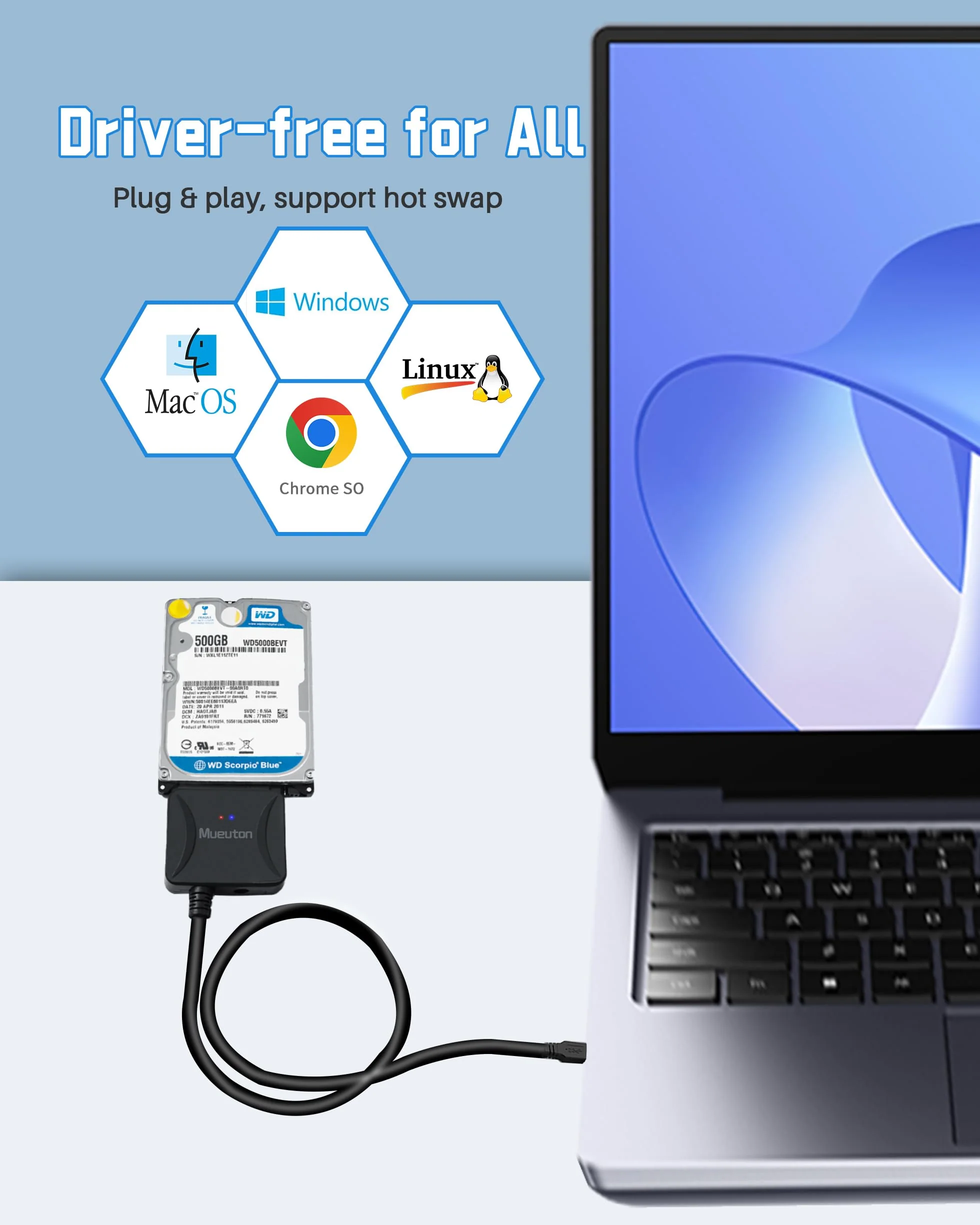 SATA to USB Adapter, USB 3.0 to SATA III Hard Drive Adapter, SATA to USB, Hard Drive Reader for 2.5/3.5 inch HDD SSD UASP with 12V/2A Power Adapter Black - Image 6