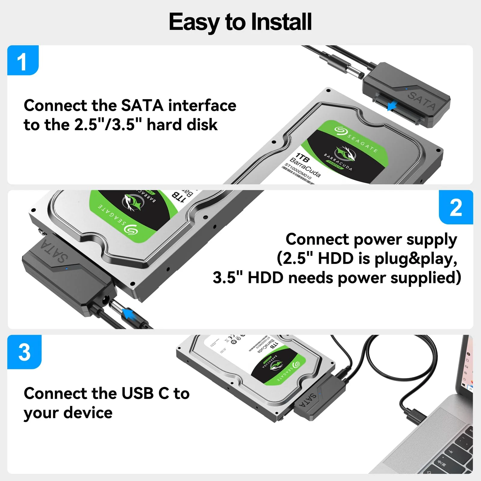 SATA to USB C Adapter with Power, 5Gbps USB C to SATA Converter with 24W Adapter, External Hard Drive Type C Cable for 2.5" HDD/SSD & 3.5"HDD Up to 20TB Support UASP Seagate WD Hitachi Toshiba 1 SATA to USB C with Power - Image 8