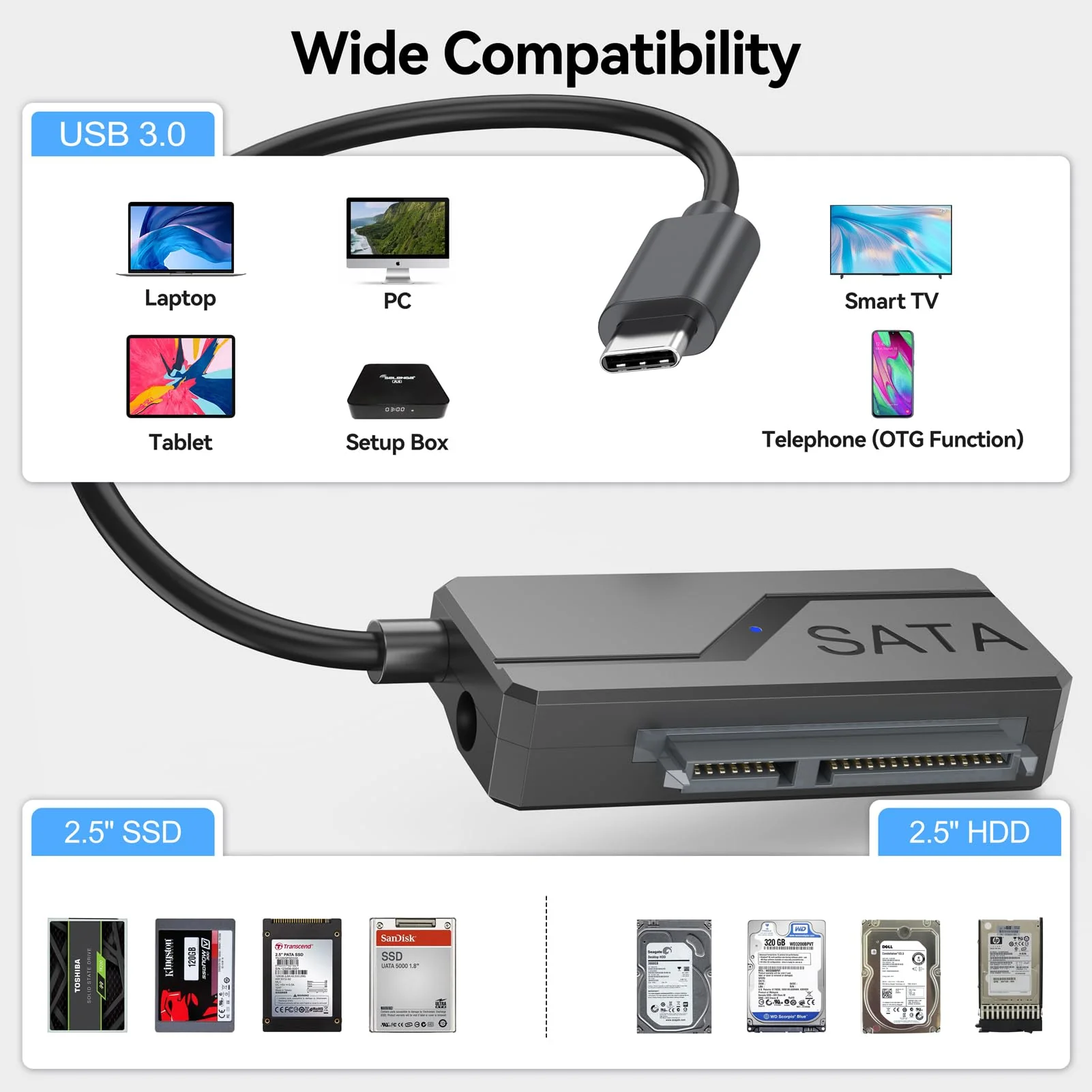 SATA to USB C Adapter with Power, 5Gbps USB C to SATA Converter with 24W Adapter, External Hard Drive Type C Cable for 2.5" HDD/SSD & 3.5"HDD Up to 20TB Support UASP Seagate WD Hitachi Toshiba 1 SATA to USB C with Power - Image 9