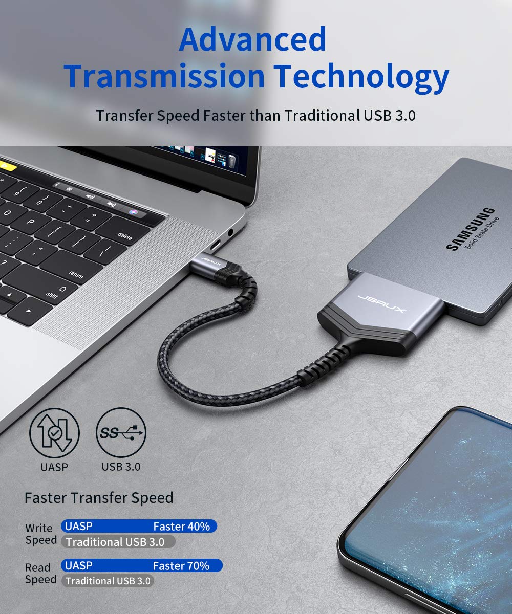 SATA to USB C Cable, JSAUX USB-C 3.1 to 2.5” SATA III Hard Driver Adapter Aluminum Shell External Converter for SSD/HDD Data Transfer-Grey USB C-SATA Grey1 - Image 3