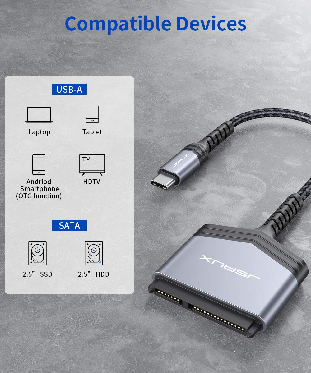 SATA to USB C Cable, JSAUX USB-C 3.1 to 2.5” SATA III Hard Driver Adapter Aluminum Shell External Converter for SSD/HDD Data Transfer-Grey USB C-SATA Grey1 - Image 6