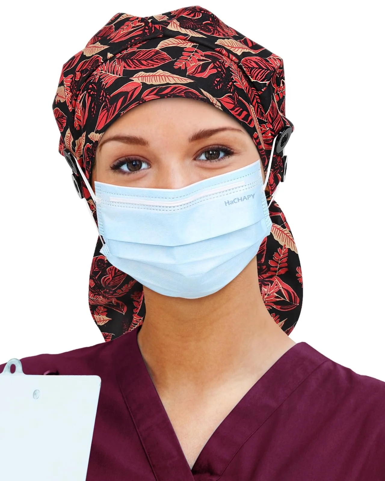 Satin Lined Scrub Cap for Women Extra Large Long Hair Surgical Nurse Cap 4 Buttons Red Black 1 - Image 2