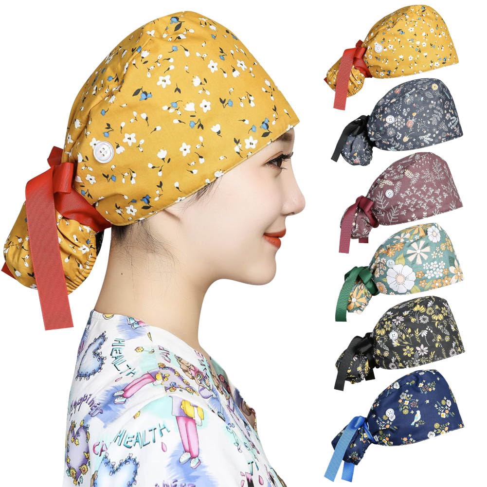 Satin Lined Scrub Caps Women Adjustable Nurse Surgical Hat with Buttons Sweatband Ponytail Working Cap with Tie Back Vivid Pattern - Image 2