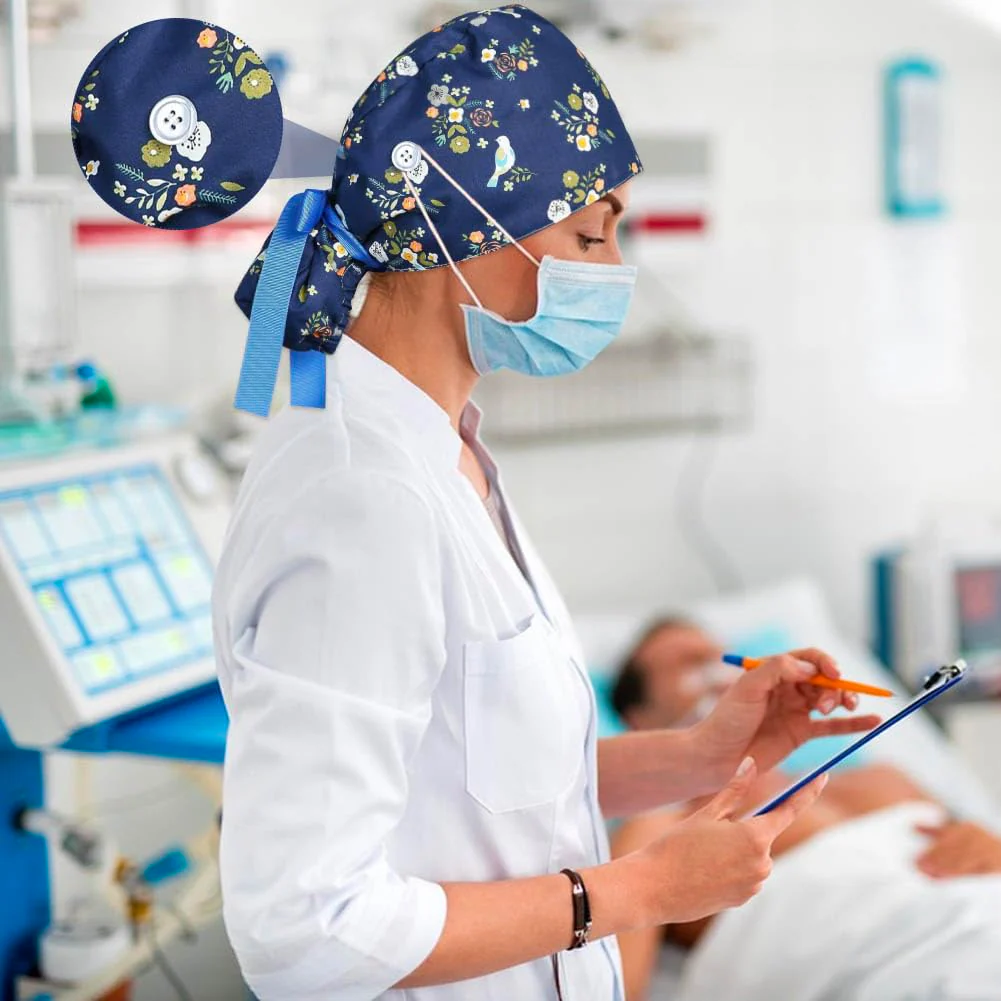 Satin Lined Scrub Caps Women Adjustable Nurse Surgical Hat with Buttons Sweatband Ponytail Working Cap with Tie Back Vivid Pattern - Image 5