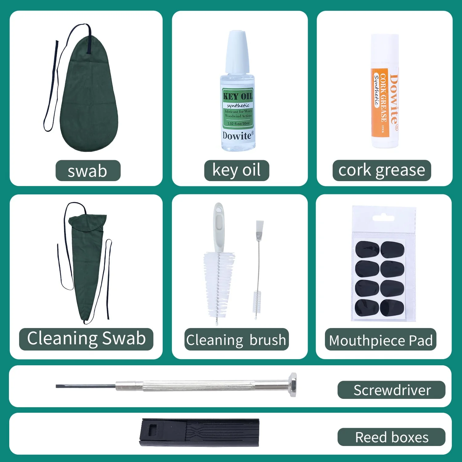 Saxophone Cleaning Care Kit: Mouthpiece&Dust Brush, Cleaning Cloth,Swabs,Necking Swab,Finger Rest,Cork Grease, Key Oil,Mouthpiece Pad – Sax Cleaning Kit for Professional players, Students - Image 2