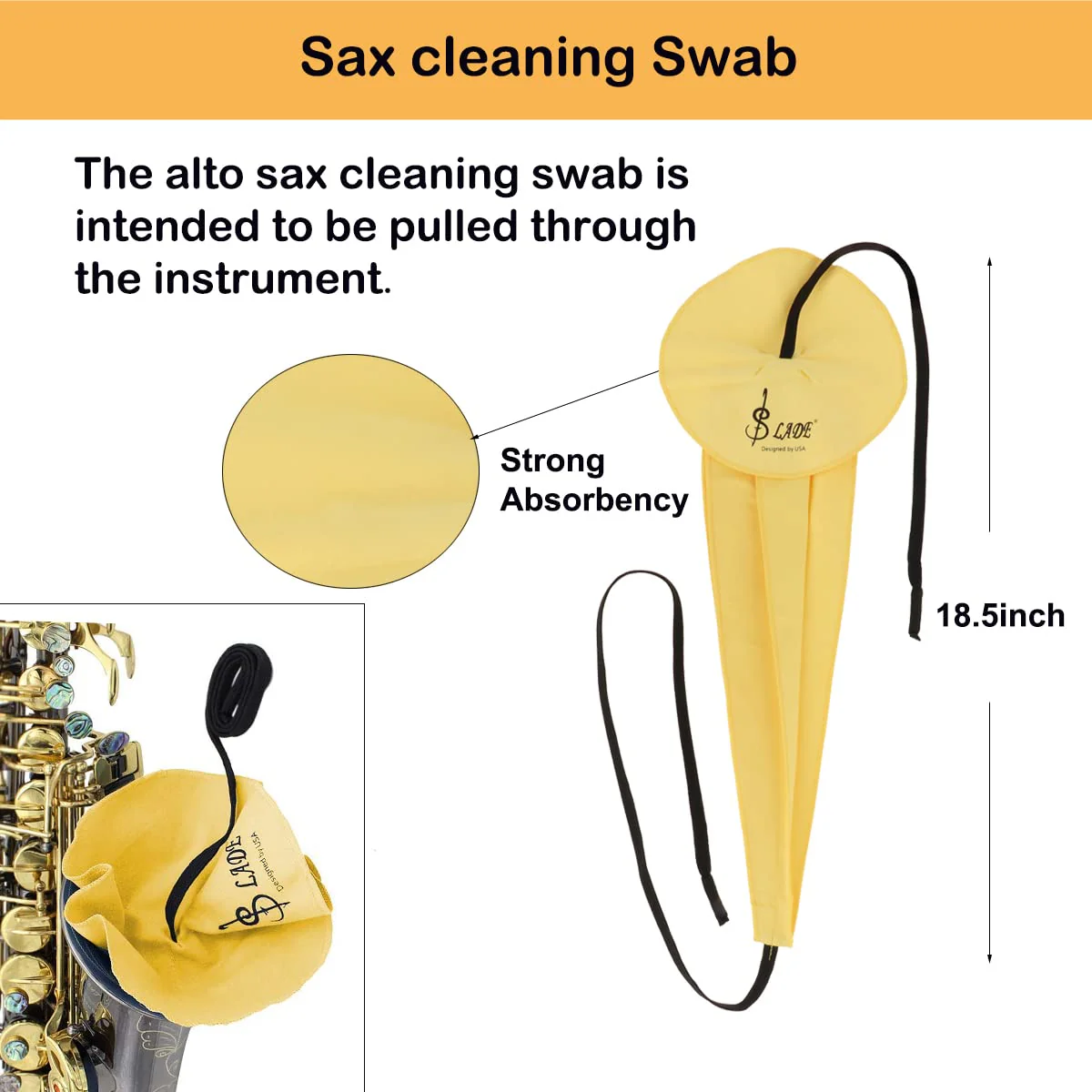Saxophone Cleaning Cloth, Alto Saxophone Cleaning Kit with Saxophone Cleaning Cloth, Sax Neck Cleaning Swab, Mouthpiece Brush, Dusting Brush for Flute and Woodwind Instruments Yellow - Image 2