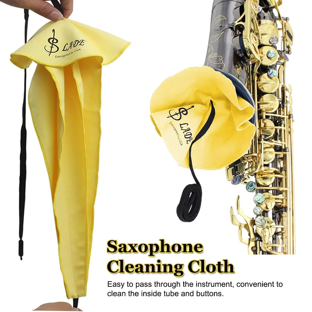 Saxophone Cleaning Cloth Kit, 4 in 1 Saxophone Cleaning Swab Kit, Including Cleaning Swab and Mouthpiece Brush for Alto Tenor Soprano Sax and Other Wind & Woodwind Instruments (Yellow) Yellow - Image 2