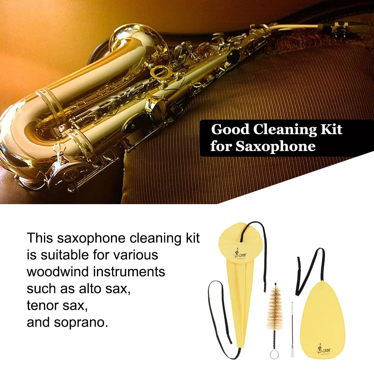 Saxophone Cleaning Cloth Kit, 4 in 1 Saxophone Cleaning Swab Kit, Including Cleaning Swab and Mouthpiece Brush for Alto Tenor Soprano Sax and Other Wind & Woodwind Instruments (Yellow) Yellow - Image 7