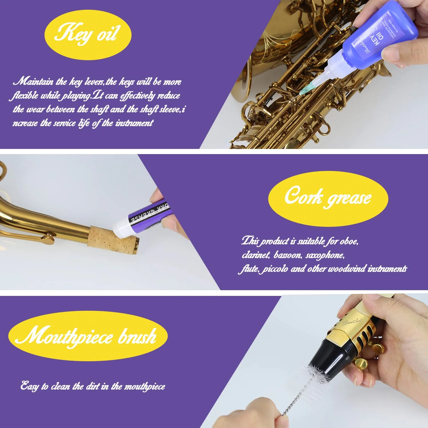 Saxophone Cleaning Kit, Alto Saxophone Maintenance Cleaning Kit with Key Oil, Cork Grease, Cotton Swabs, Cleaning Cloth, Thumb Rest, Mouthpiece Brush, Etc. - Image 6