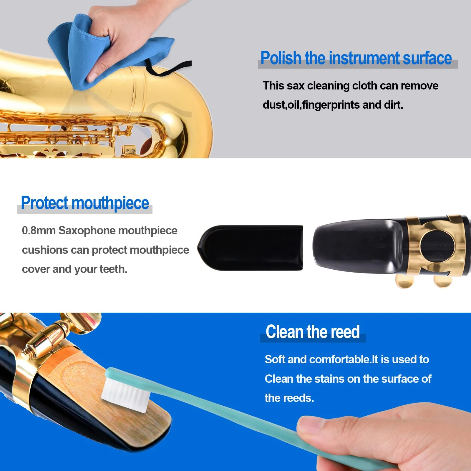 Saxophone Cleaning kit, Clarinet Cleaning Kit with Maintenance Kit,Cork Grease,Swab,Strap,Cleaning Cloth,Thumb Rest,Reed Case,Mouthpiece Brush and More blue - Image 4