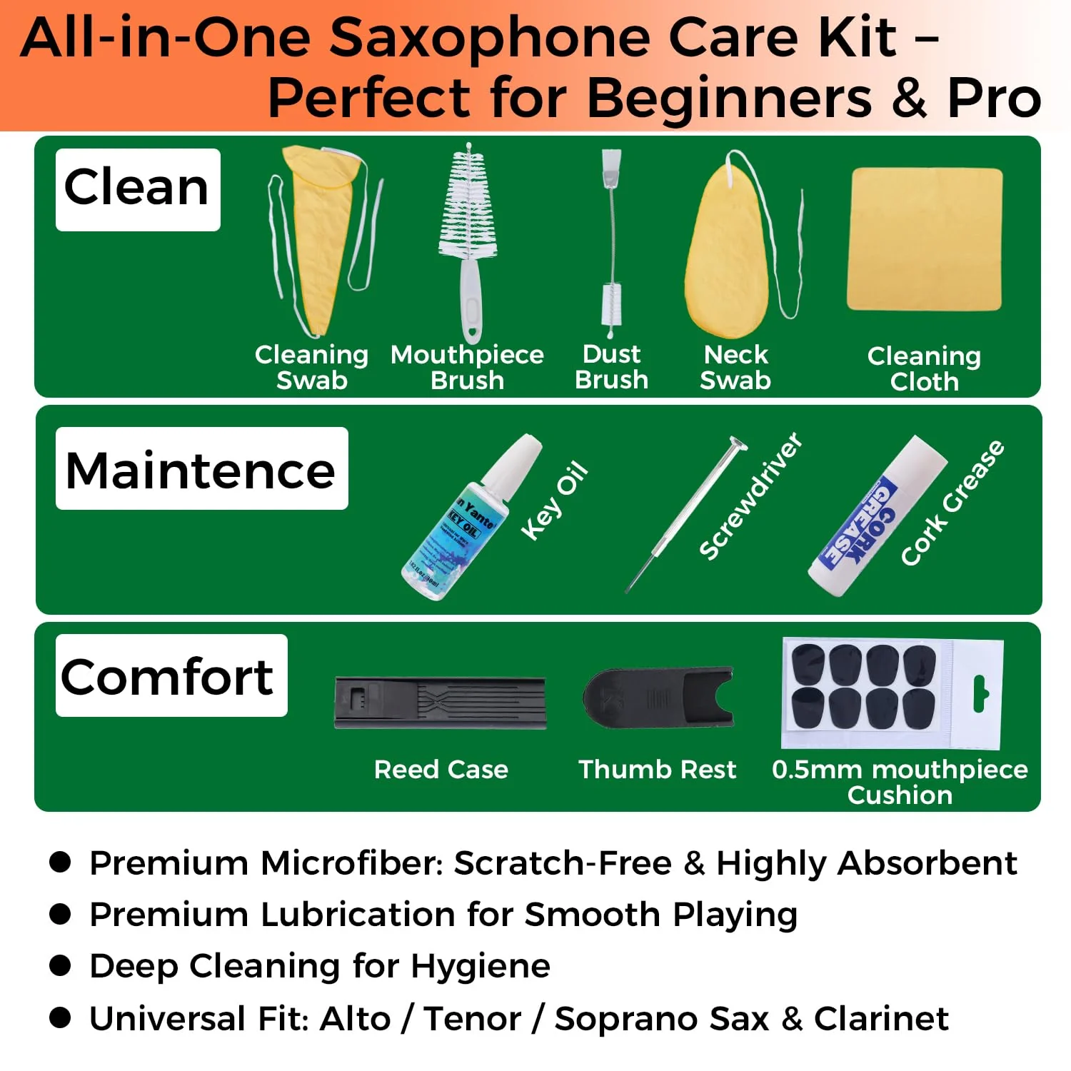 Saxophone Cleaning Kit for Alto Tenor Sax - 11-in-1 Smooth Pull-Through Maintenance Set with Mouthpiece Brush, Key Oil, Cork Grease and Case - Woodwind Instrument Care for Students - Image 2