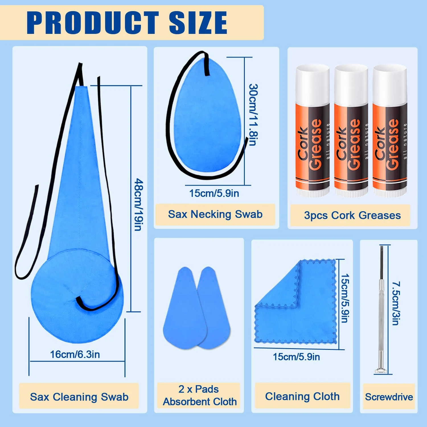 Saxophone Cleaning kit with Case，Clarinet Flute Cleanser Maintenance Kit with Cork Grease,Swab,Cleaning Cloth,Thumb Rest,Reed Case,Mouthpiece Brush and More Workable for Wind & Woodwind Struments - Image 2