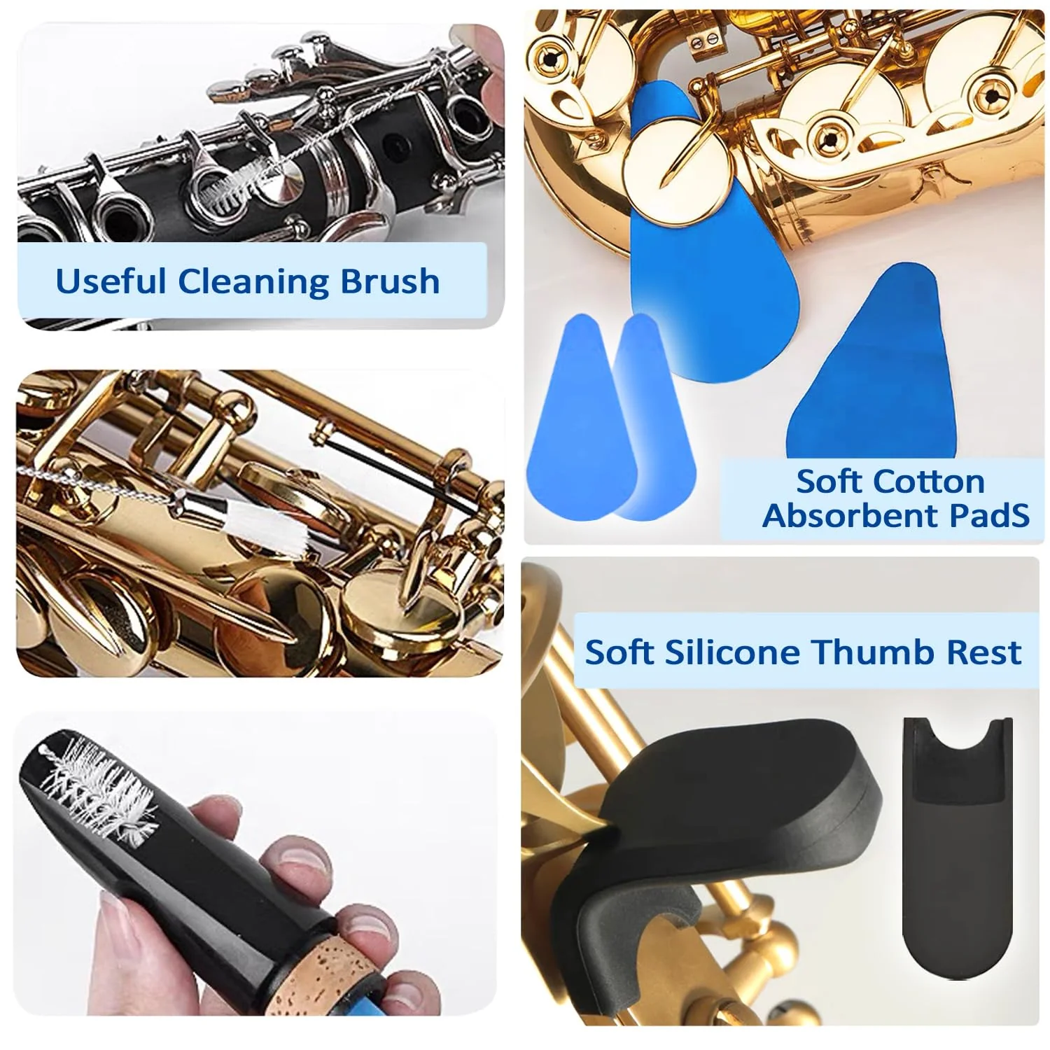 Saxophone Cleaning kit with Case，Clarinet Flute Cleanser Maintenance Kit with Cork Grease,Swab,Cleaning Cloth,Thumb Rest,Reed Case,Mouthpiece Brush and More Workable for Wind & Woodwind Struments - Image 6