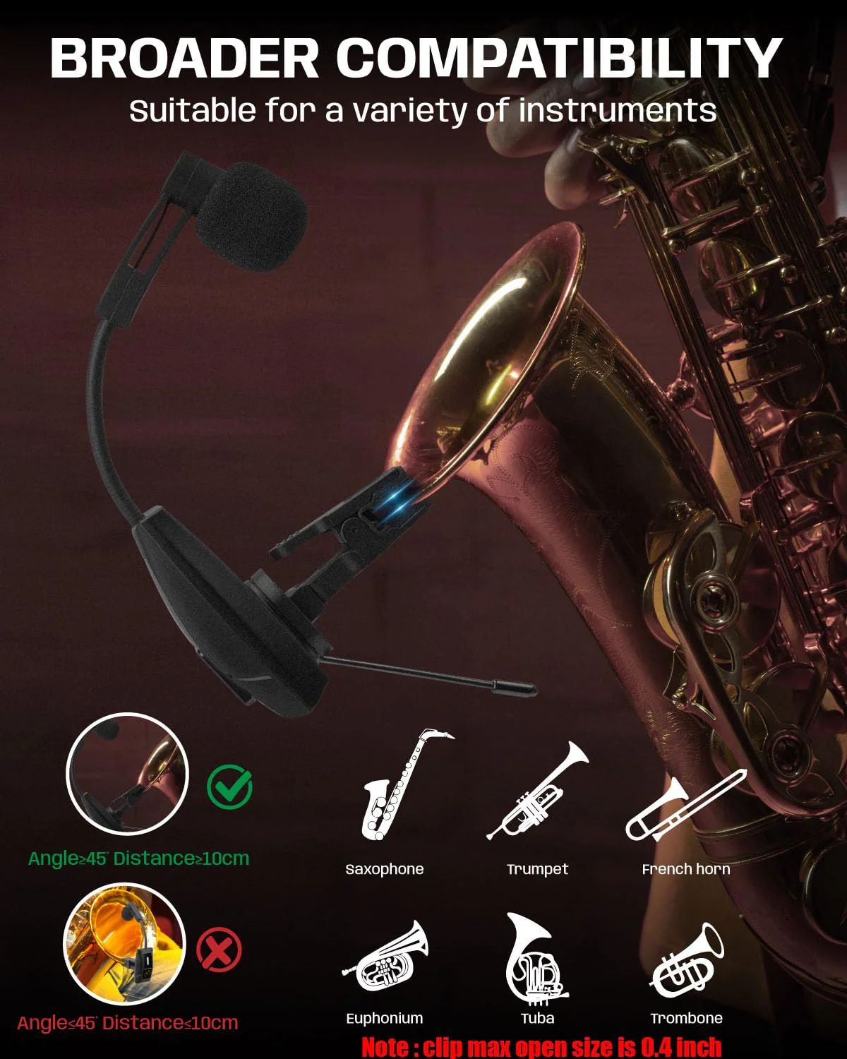 Saxophone Microphone, UHF Rechargeable Wireless Instruments Microphone System with Transmitter and Receiver 196ft Range, Clip on Condenser Mic for Trumpet, Trombone, Saxofon, Most Brass Instruments U-720 Saxophone Microphone - Image 3