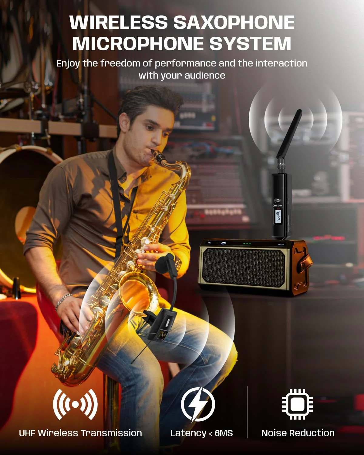 Saxophone Microphone, UHF Rechargeable Wireless Instruments Microphone System with Transmitter and Receiver 196ft Range, Clip on Condenser Mic for Trumpet, Trombone, Saxofon, Most Brass Instruments U-720 Saxophone Microphone - Image 5