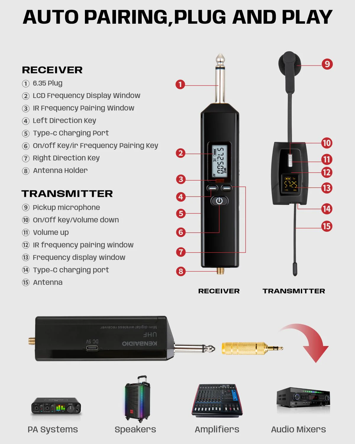 Saxophone Microphone, UHF Rechargeable Wireless Instruments Microphone System with Transmitter and Receiver 196ft Range, Clip on Condenser Mic for Trumpet, Trombone, Saxofon, Most Brass Instruments U-720 Saxophone Microphone - Image 8