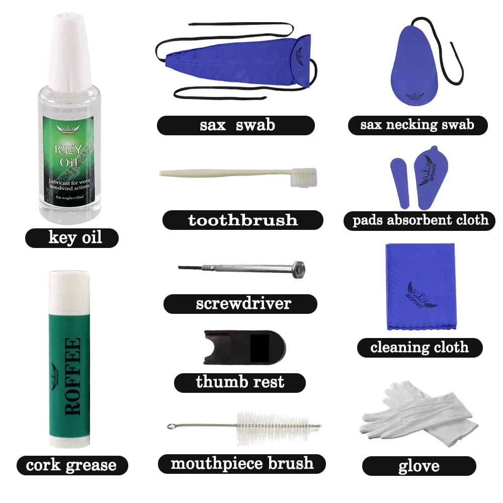 Saxophone Sax cleaning Care Maintenance Kit,Key Oil,Cork Grease,Swab,Cleaning Cloth,Thumb Rest,Mouthpiece Brush and More - Image 2