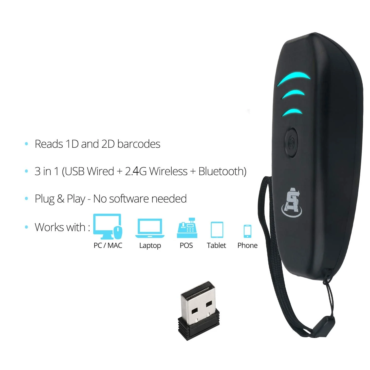 ScanAvenger Portable Mini-Wireless Bluetooth Barcode Scanner: Hand Scanners - Cordless, Rechargeable 1D & 2D Scan Gun for Inventory Management Wireless, Handheld USB QR (1D&2D Mini Barcode Reader) 1D&2D Mini Barcode Scanner - Image 4