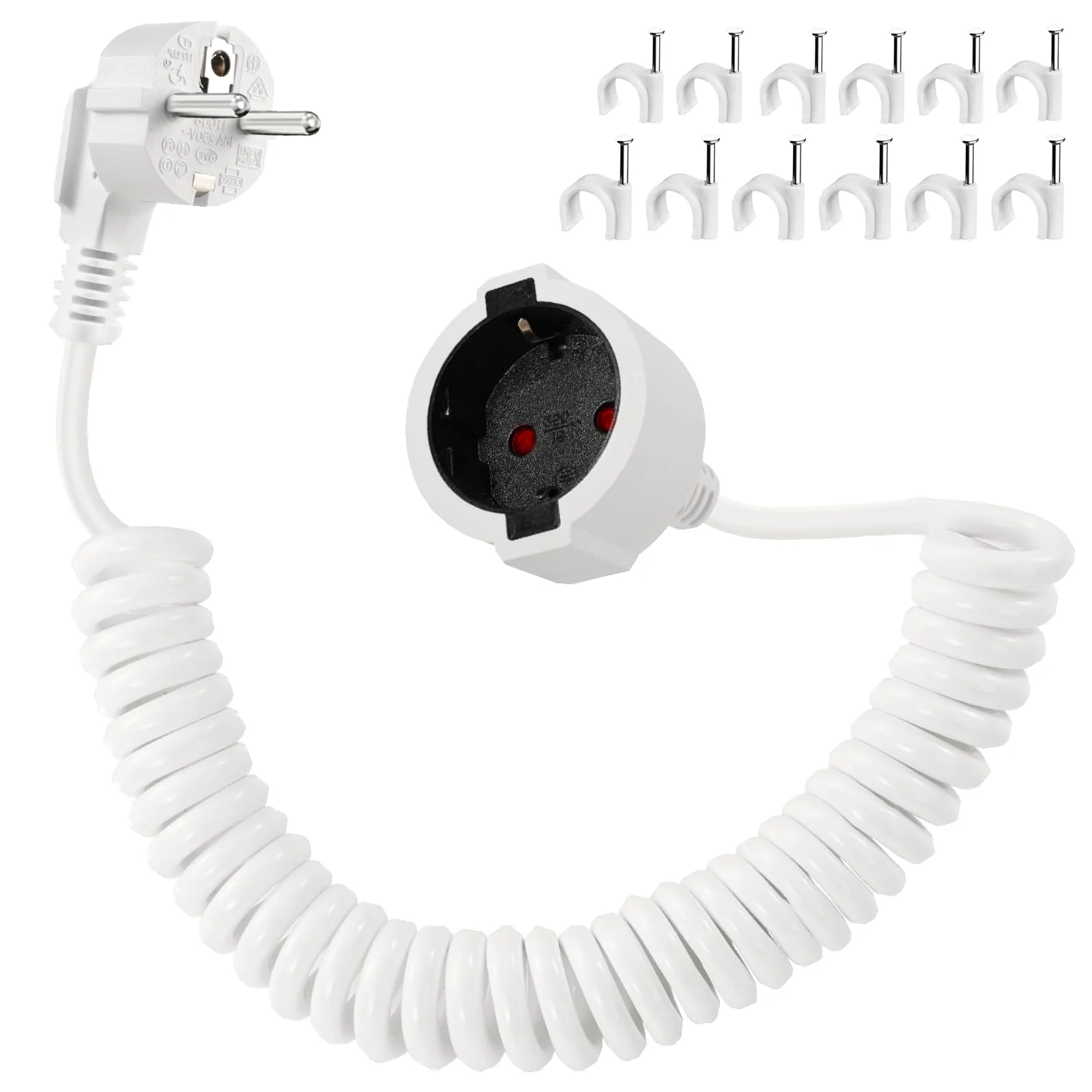 Schuko Extension Cable Spiral Cable 2 m Protective Contact Spiral Extension 0.6 m to 2 m Stretchy Spiral Cable Plug Extension Short with Coupling 230 V/16 A for Home, Office, Outdoor, White Schuko extension cable, coiled cable, white