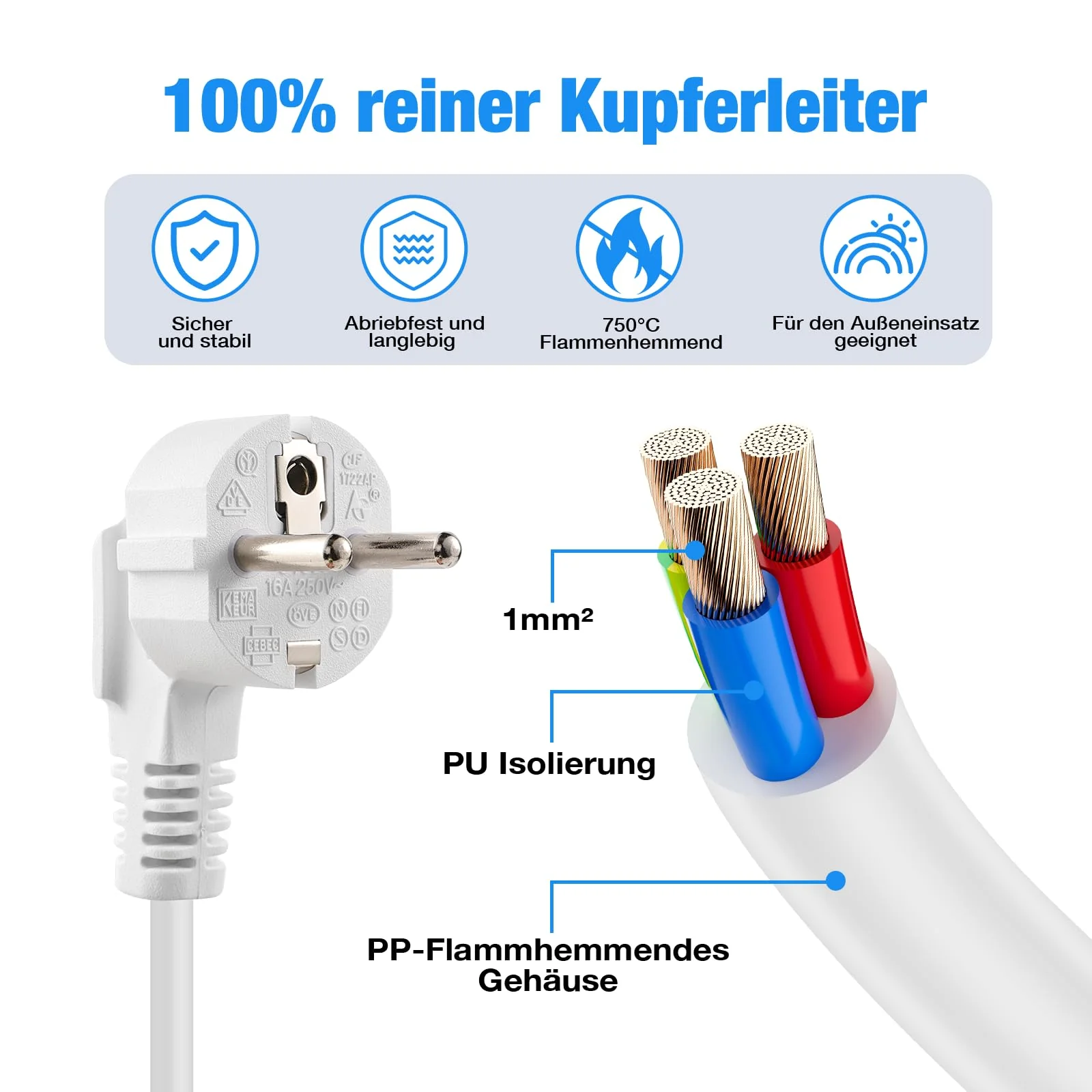 Schuko Extension Cable Spiral Cable 2 m Protective Contact Spiral Extension 0.6 m to 2 m Stretchy Spiral Cable Plug Extension Short with Coupling 230 V/16 A for Home, Office, Outdoor, White Schuko extension cable, coiled cable, white - Image 2