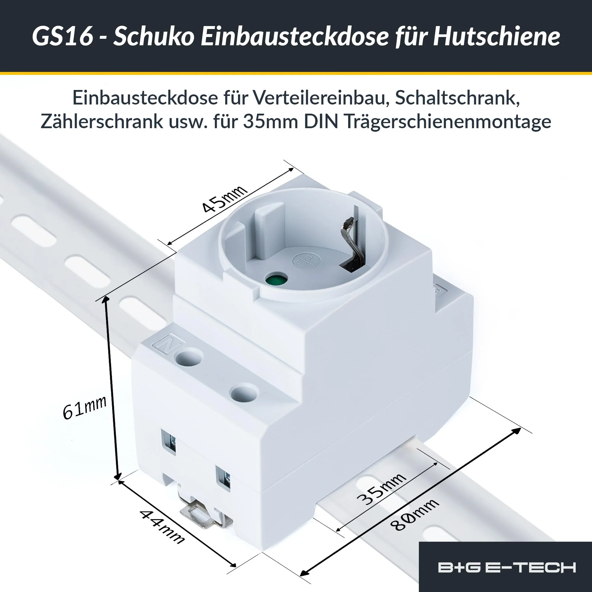 Schuko Socket [GS16] for DIN Rail 16A 230V 2P+E - Built-in Socket for Distribution Installation, Control Cabinet Meter Cabinet Protective Contact Socket for 35 mm DIN Carrier Rail Mounting (Grey) gray - Image 2