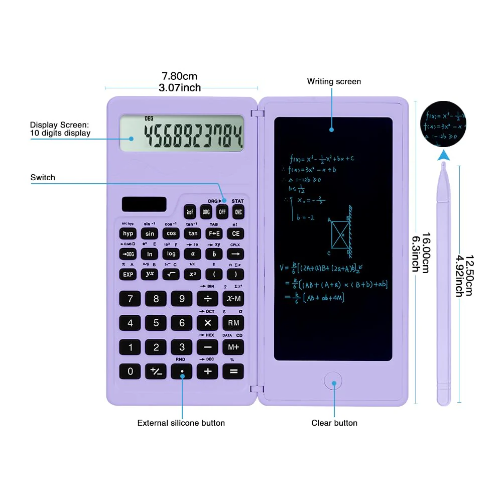 Scientific Calculators for high-School, LveSunny 10 Digits Digital with Erasable Writing Board Math Calculator for Middle School & College (Purple) Purple - Image 3