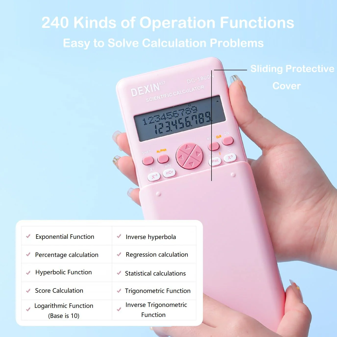 Scientific Calculators for Students, 240 Functions 2-Line Standard Scientific Calculator, Cute School Office Supplies，Math Calculator for School (Pink) - Image 4