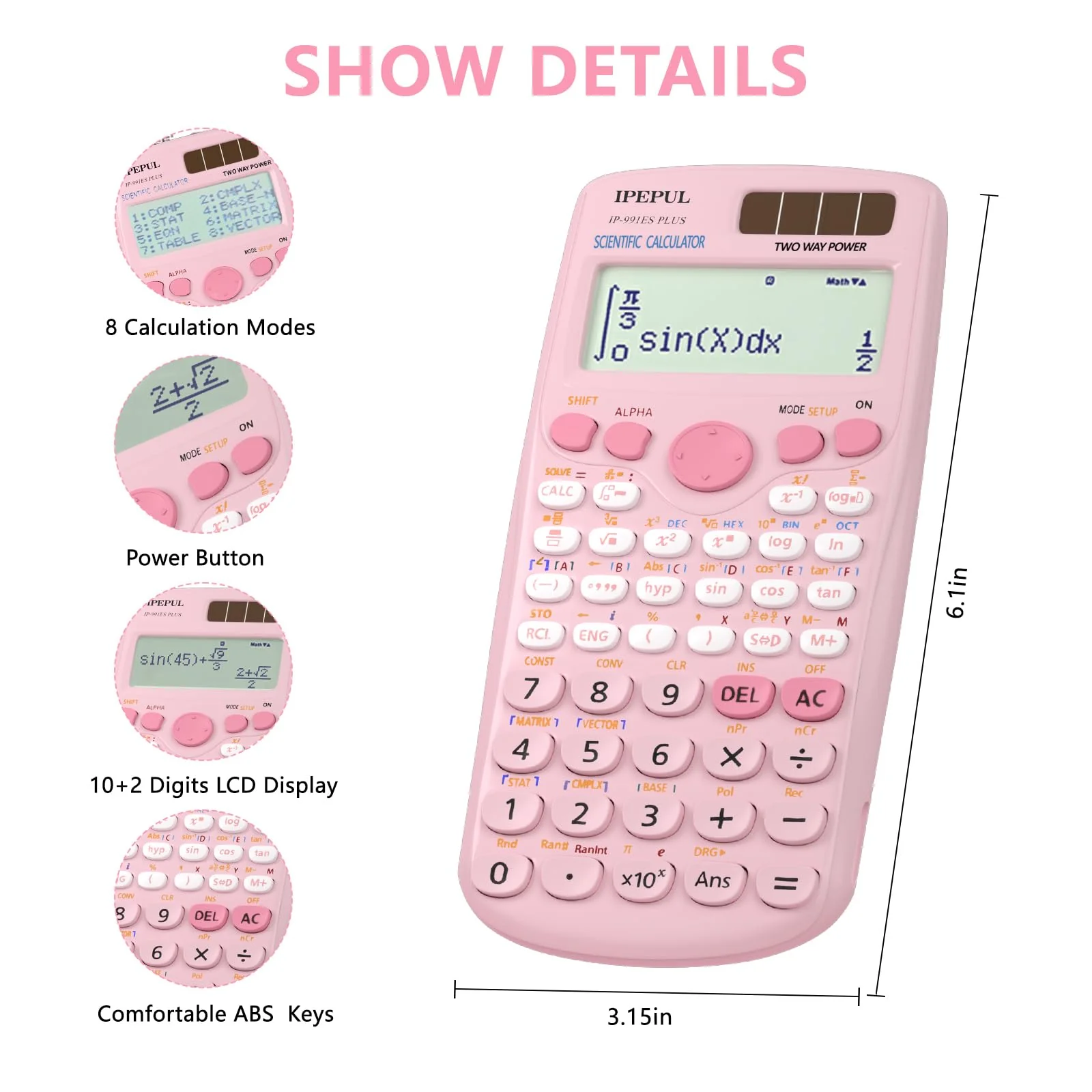 Scientific Calculators, IPepul Pink Math Calculator with 417 Function, Solar Battery Power and 4-Line Display, School Supplies for Middle High College Students Teachers (Pink 991ES Plus) - Image 2