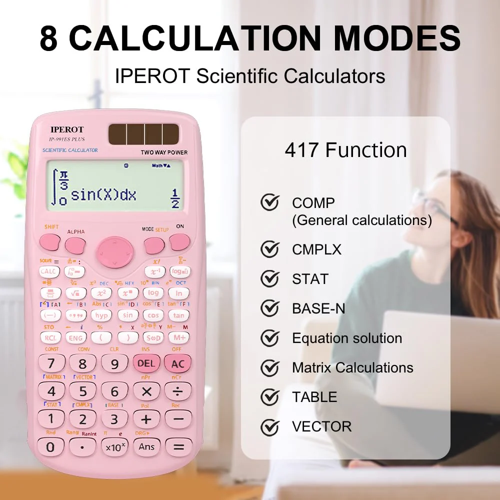 Scientific Calculators, IPEROT Pink Scientific Calculator 417 Function, Desktop Math Solar Calculators School Supplies Suitable for High School and College Students Algebra and Other Math Textbooks - Image 6