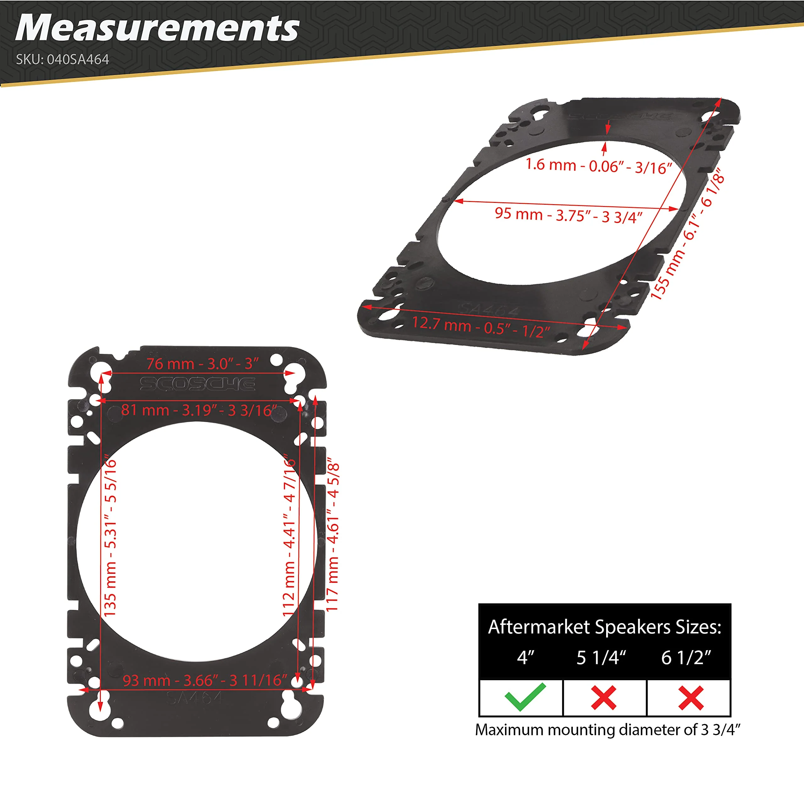 Scosche Compatible with Select Import and Domestic Vehicles Universal 4" x 6'' to 4" Speaker Adapters (1 Pair) SA464 Standard Packaging - Image 5