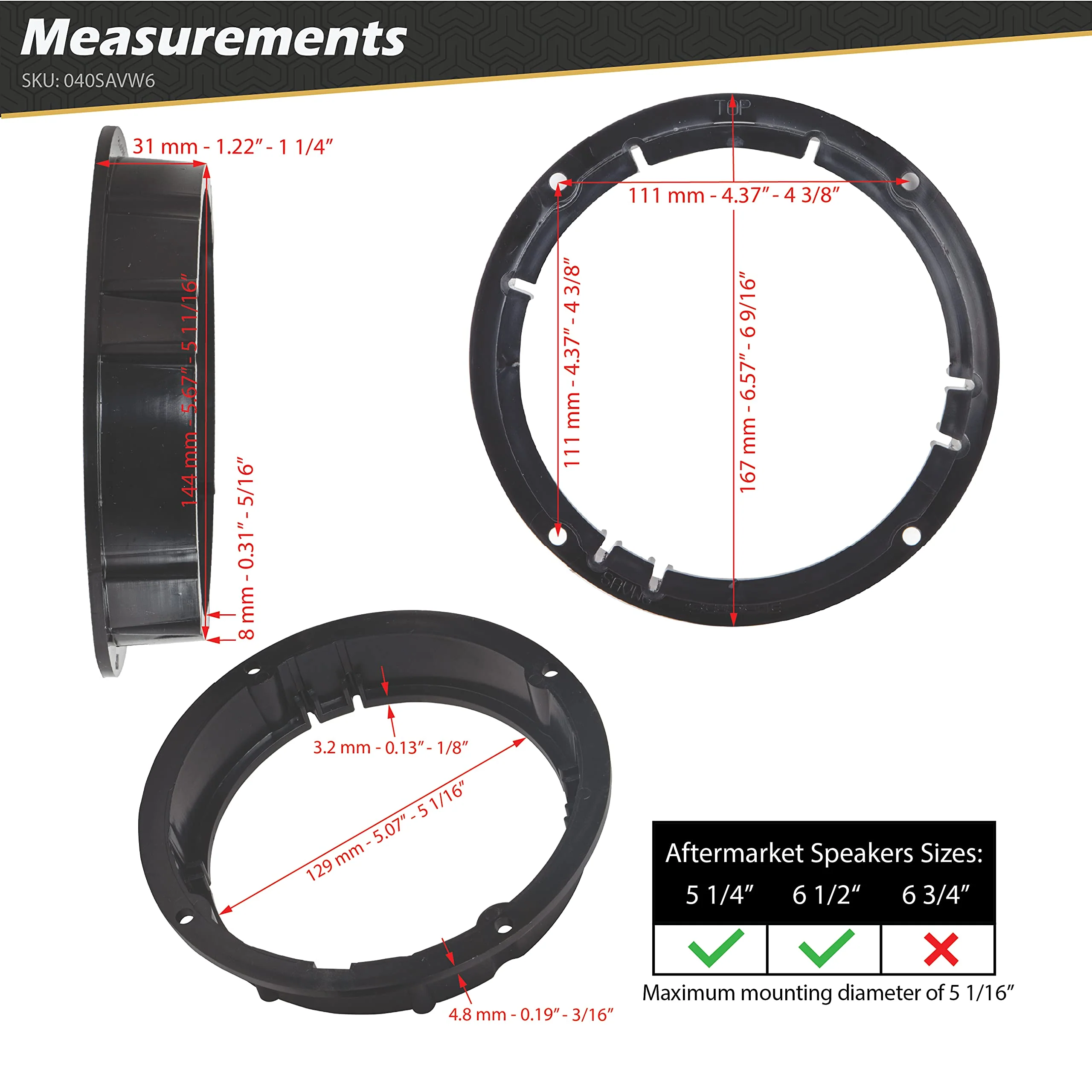 Scosche SAVW6 5.25" - 6.5" Speaker Adapters Compatible with Select 2008-2018 Audi & 1998-2018 VW vehicles (1 Pair) - See Images to Verify Vehicle and Speaker Fitment - Image 5