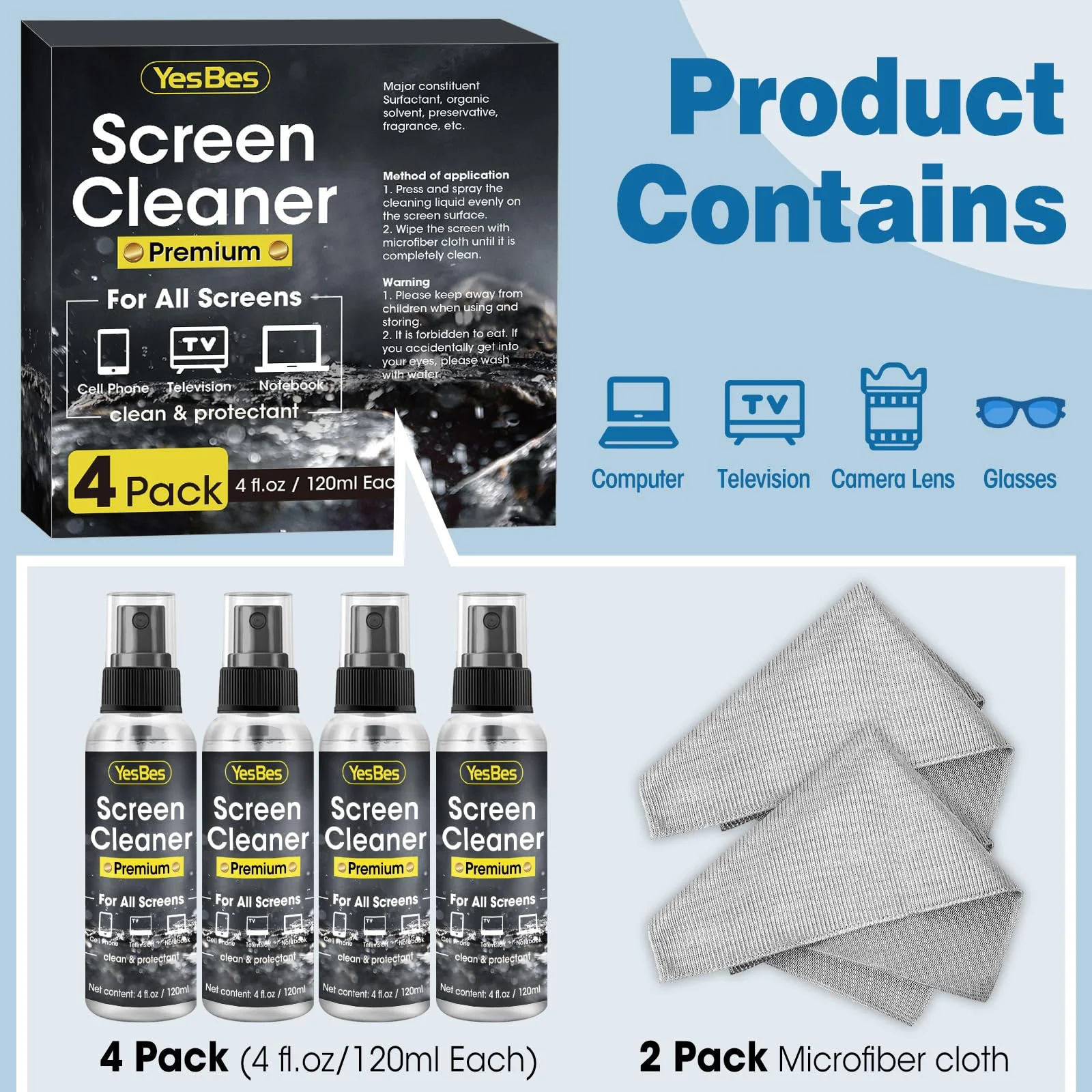 Screen Cleaner Spray 16oz (4oz x 4 Pack) - TV Screen Cleaner Spray and 2 Microfiber Cloths, Computer Screen Cleaner & Car Screen Cleaner for TV, Monitor, Laptop, MacBook, iPad and Electronic Devices - Image 2