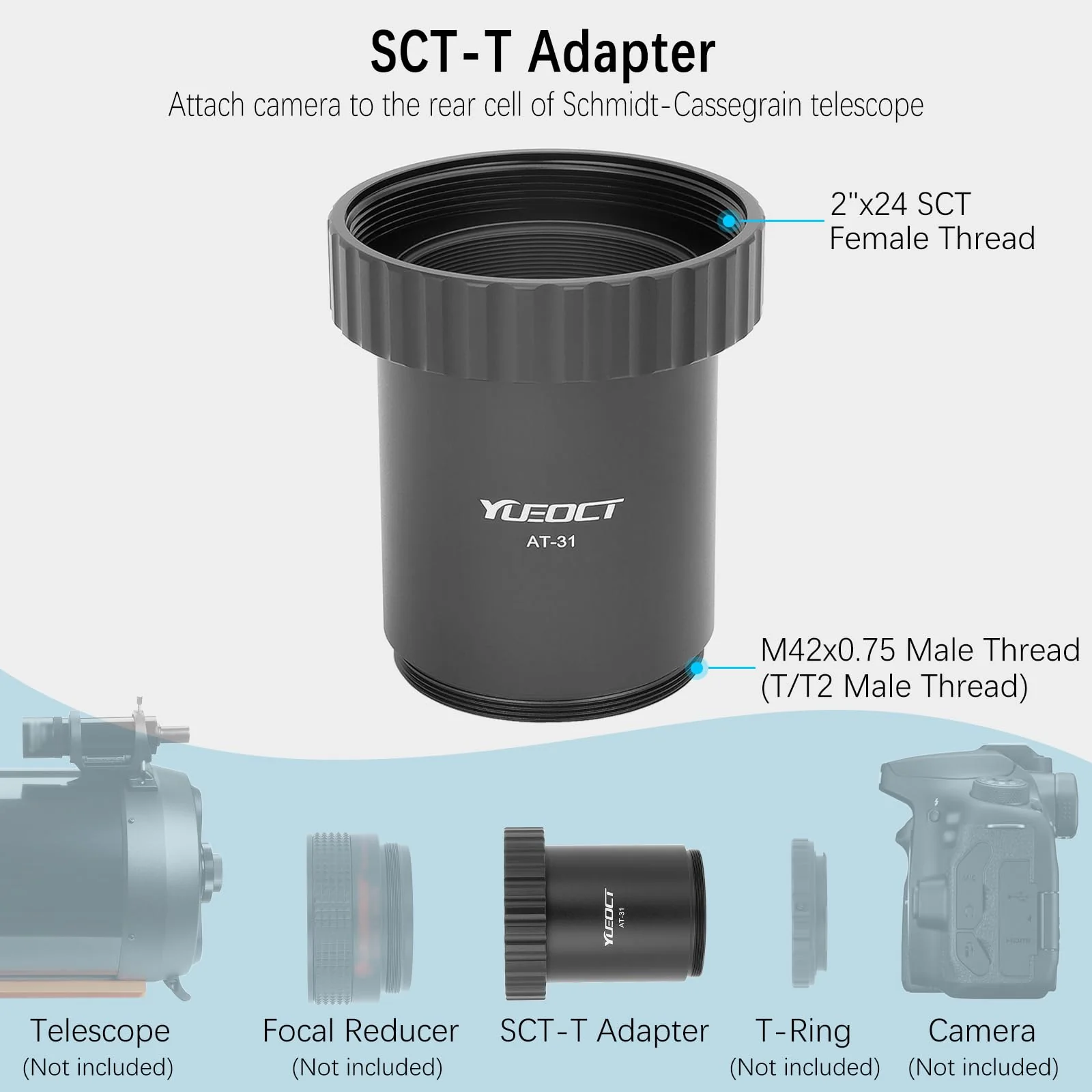 SCT-T Adapter, 2" x24 SCT Female Thread to T T2 M42x0.75 Male Thread, T-Adapter for 2" x24 Schmidt Cassegrain Telescope Visual Back OTA Reducer Corrector Lens - Image 2