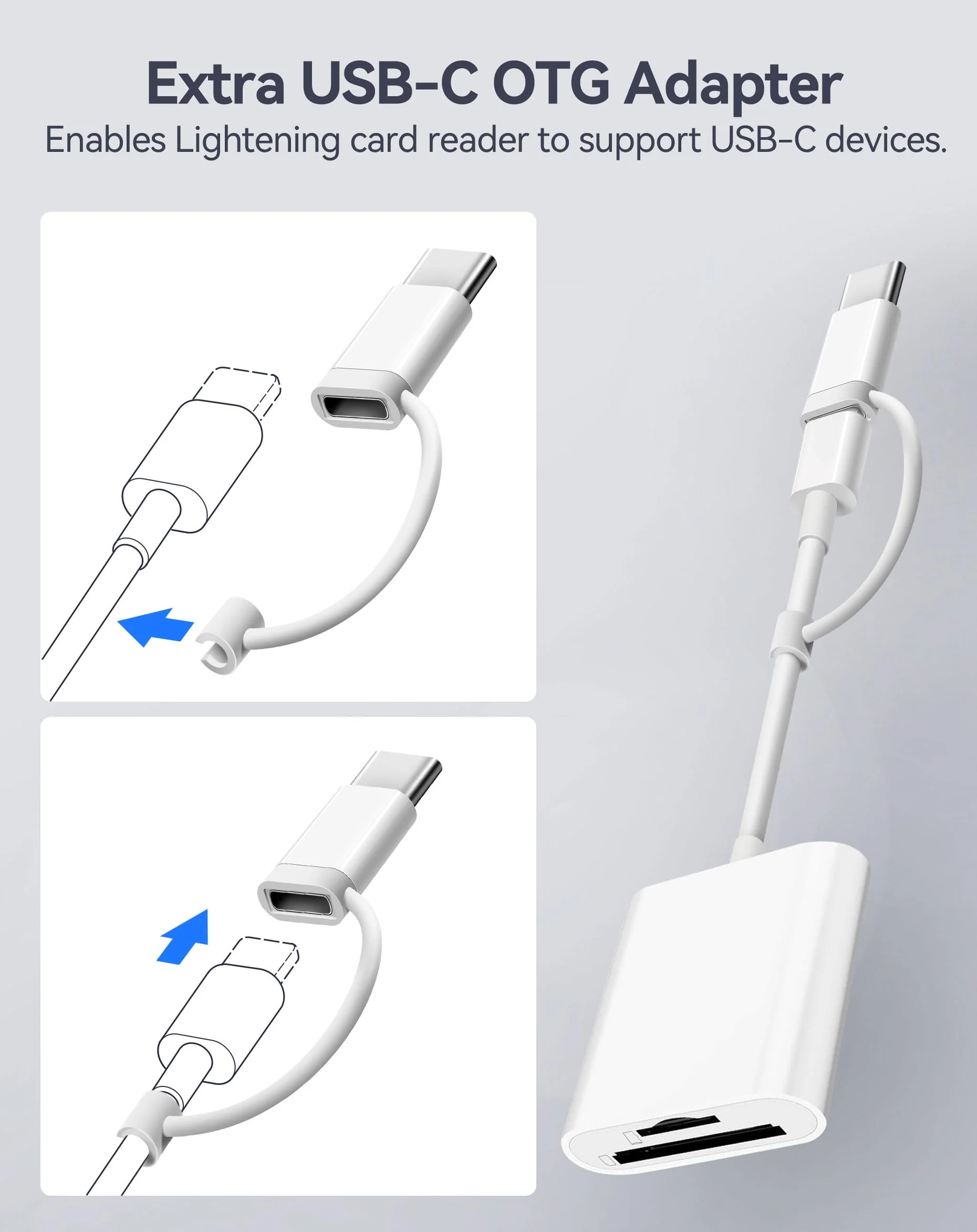 SD Card Reader for iPhone iPad, Dual Lightning & USB-C Connector Memory SD Card Adapter, Support SD/MicroSD Cards, High-Speed Trail Camera Viewer, Plug and Play 2 Slots to Lightning&USB-C White - Image 3