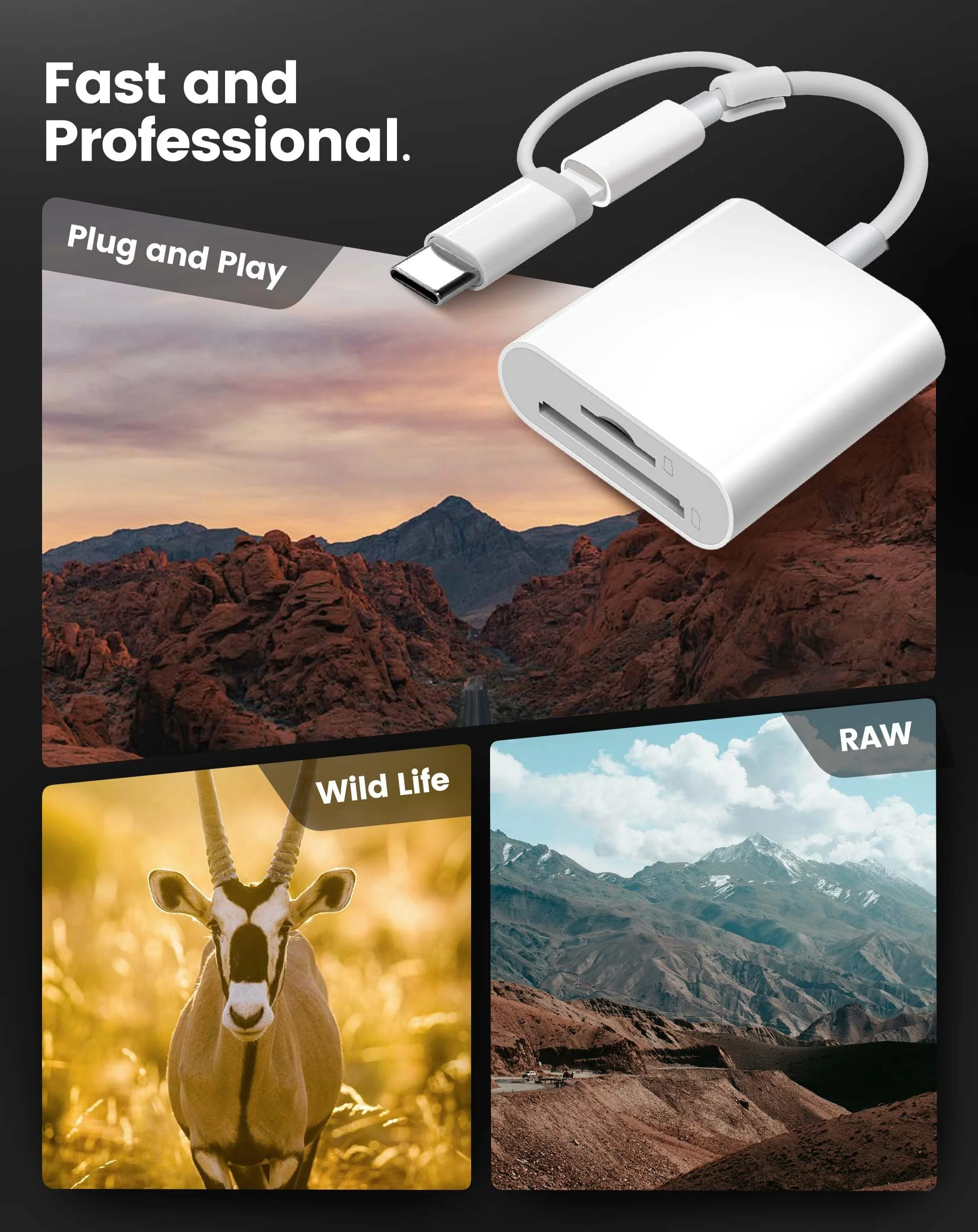 SD Card Reader for iPhone iPad, Dual Lightning & USB-C Connector Memory SD Card Adapter, Support SD/MicroSD Cards, High-Speed Trail Camera Viewer, Plug and Play 2 Slots to Lightning&USB-C White - Image 7
