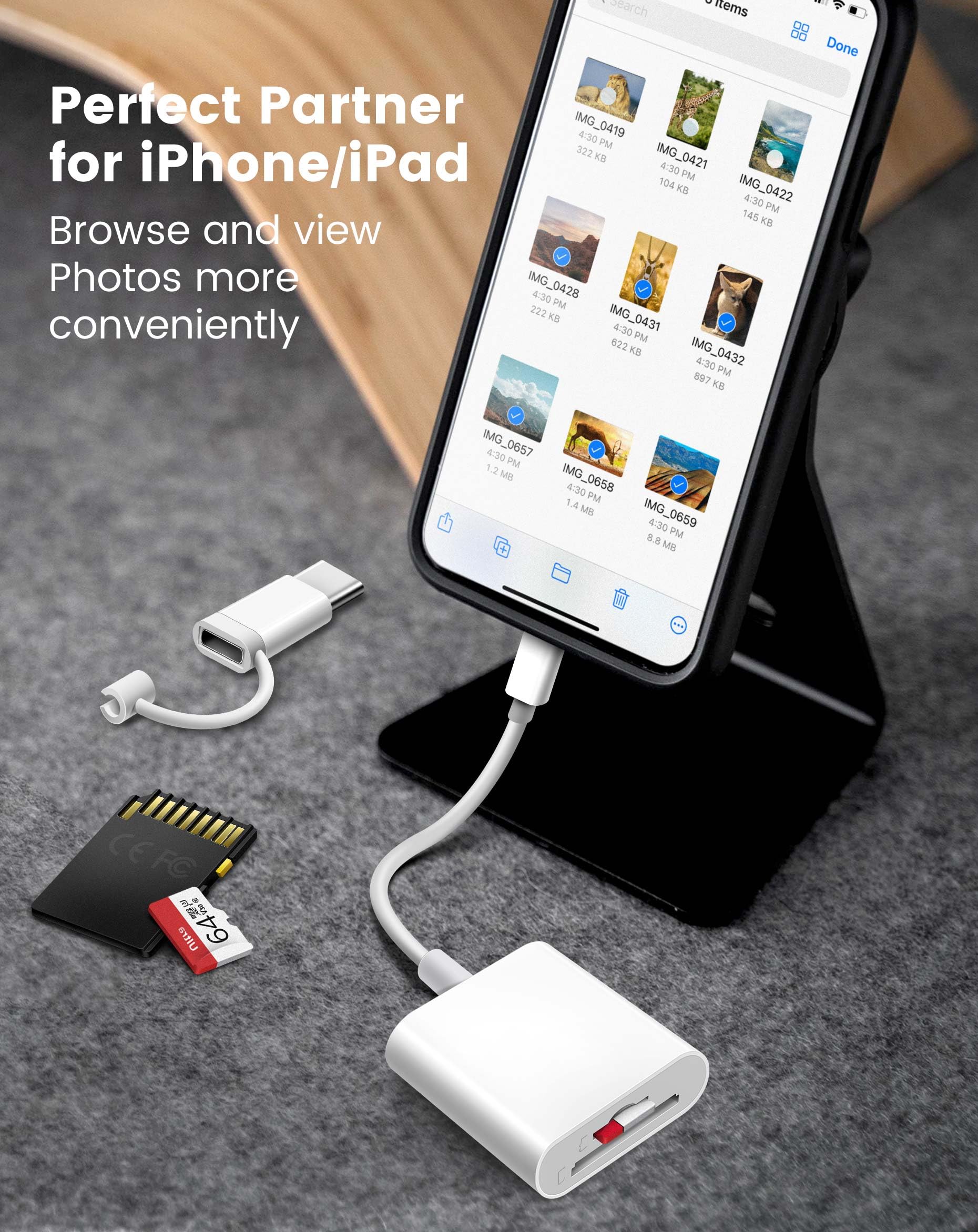 SD Card Reader for iPhone iPad, Dual Lightning & USB-C Connector Memory SD Card Adapter, Support SD/MicroSD Cards, High-Speed Trail Camera Viewer, Plug and Play 2 Slots to Lightning&USB-C White - Image 8