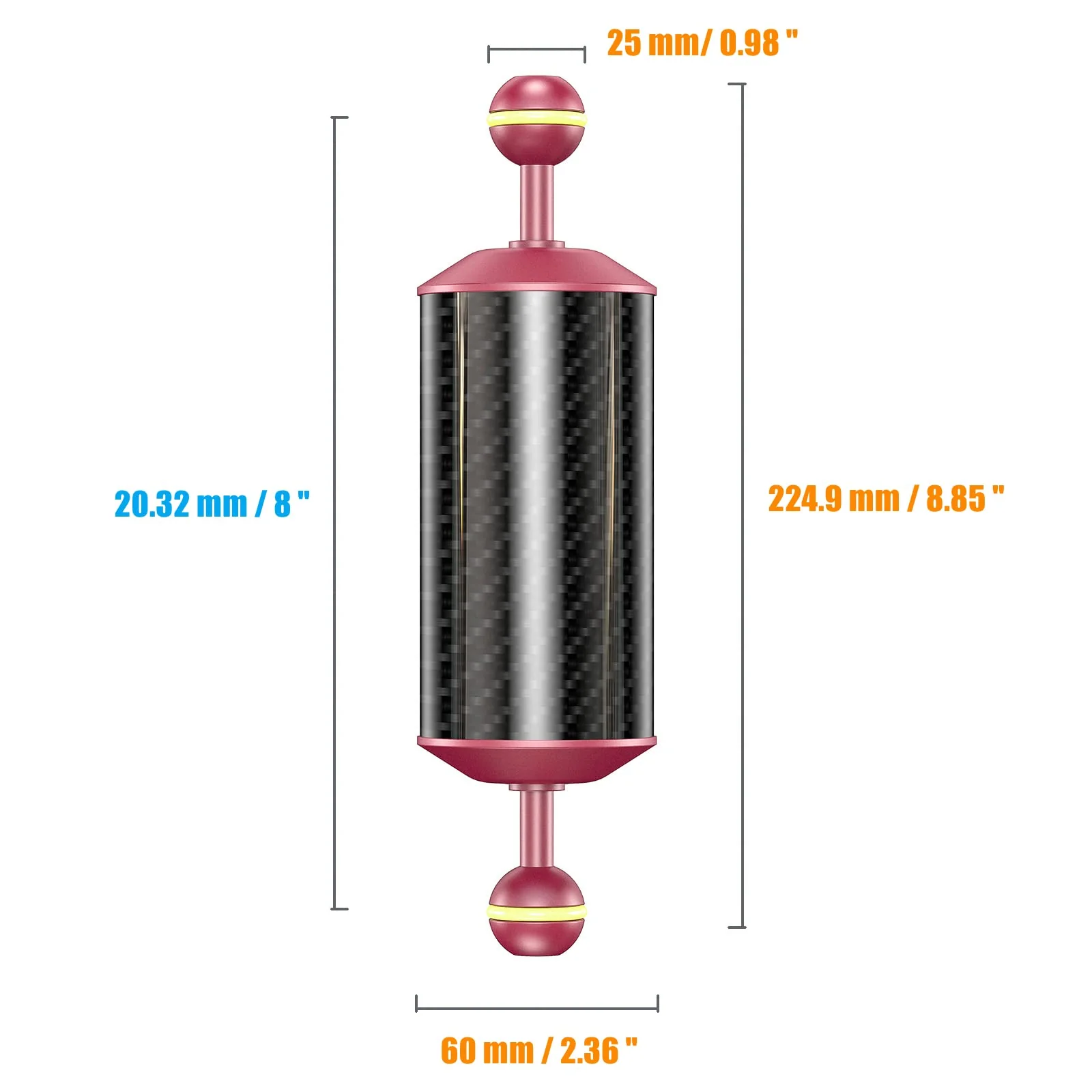 Sea frogs Carbon Fiber Float Arm D60mm, 8'', for Ultralight, Aquatic Arm, Buoyancy Provided 300g, Underwater Camera System Diving Tray Video Light/Strobe Red GA-6 R - Image 2