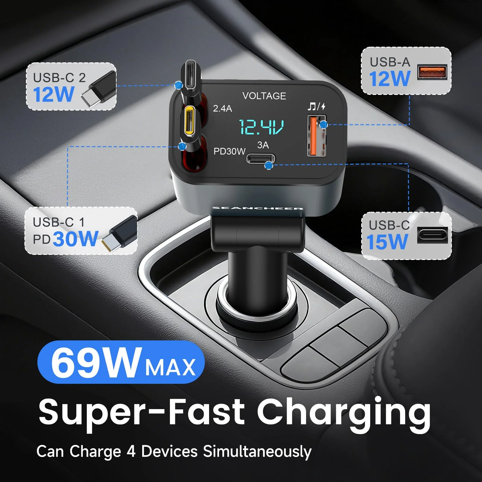 SEANCHEER Car Bluetooth Adapter & Car Charger USB C, 69W Cigarette Lighter Adapter with 2 Retractable Cables, FM Transmitter Bluetooth 5.3 for Handsfree Call, MP3 Player [Gray[USB-C+USB-C]] Gray[USB-C+USB-C] - Image 2
