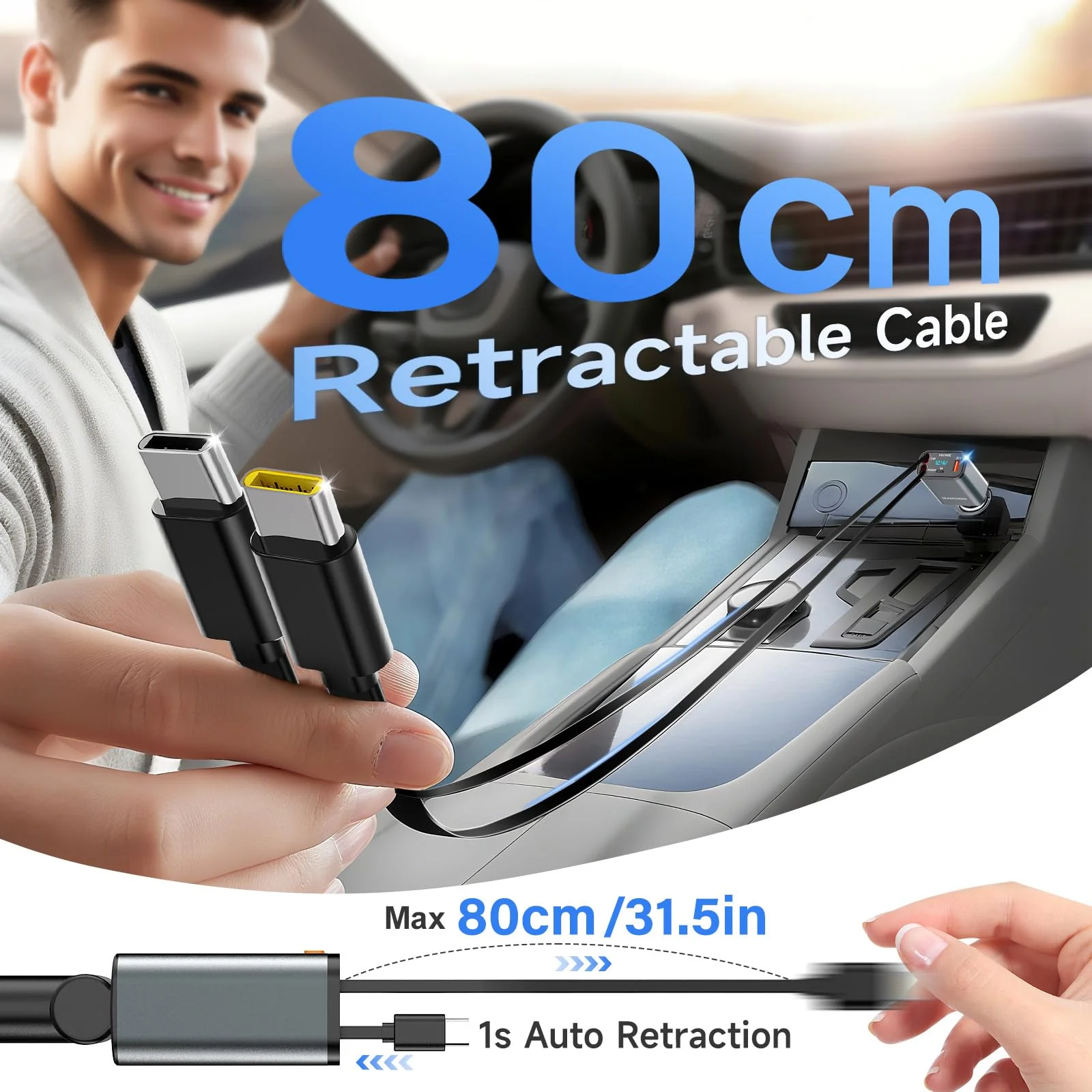 SEANCHEER Car Bluetooth Adapter & Car Charger USB C, 69W Cigarette Lighter Adapter with 2 Retractable Cables, FM Transmitter Bluetooth 5.3 for Handsfree Call, MP3 Player [Gray[USB-C+USB-C]] Gray[USB-C+USB-C] - Image 3
