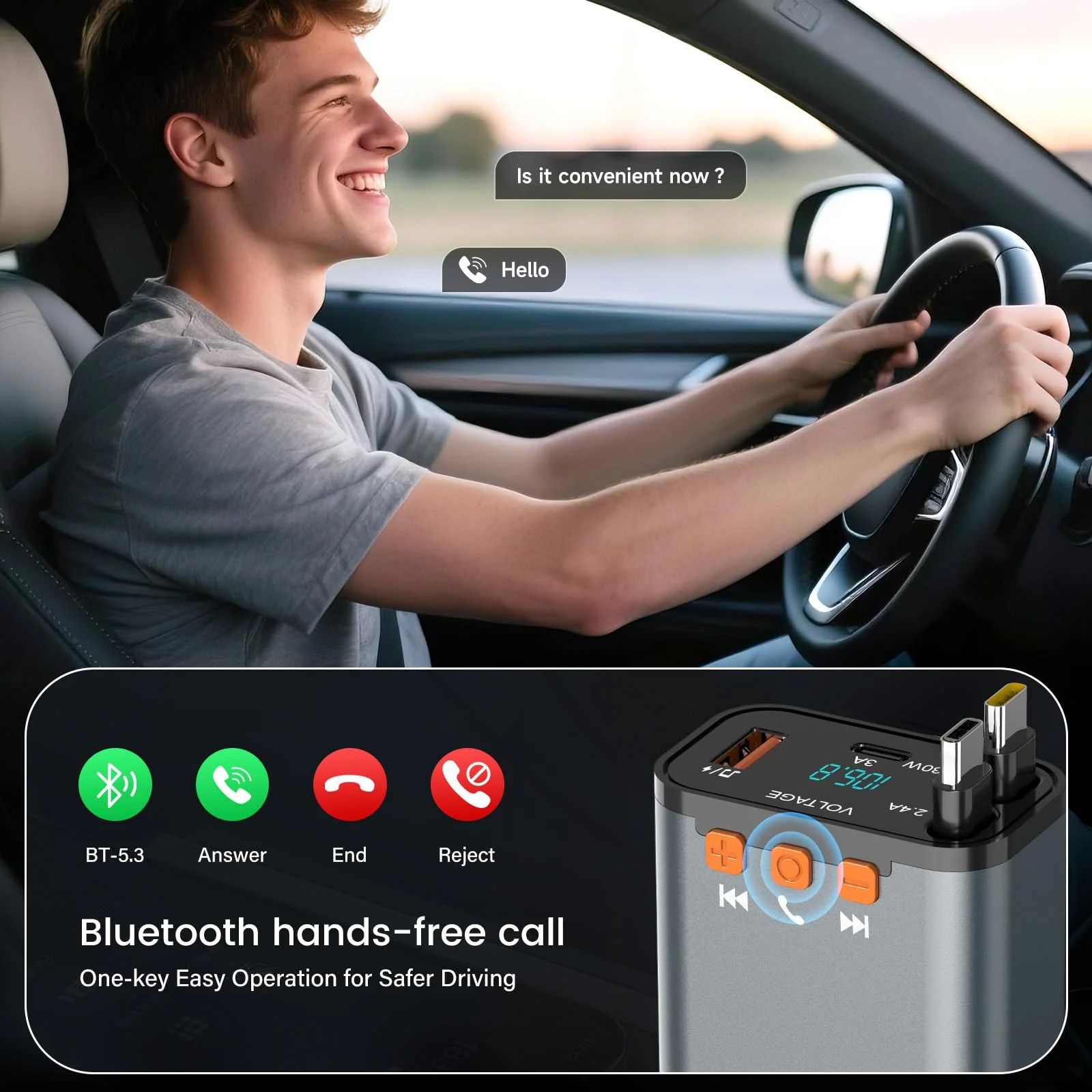 SEANCHEER Car Bluetooth Adapter & Car Charger USB C, 69W Cigarette Lighter Adapter with 2 Retractable Cables, FM Transmitter Bluetooth 5.3 for Handsfree Call, MP3 Player [Gray[USB-C+USB-C]] Gray[USB-C+USB-C] - Image 4