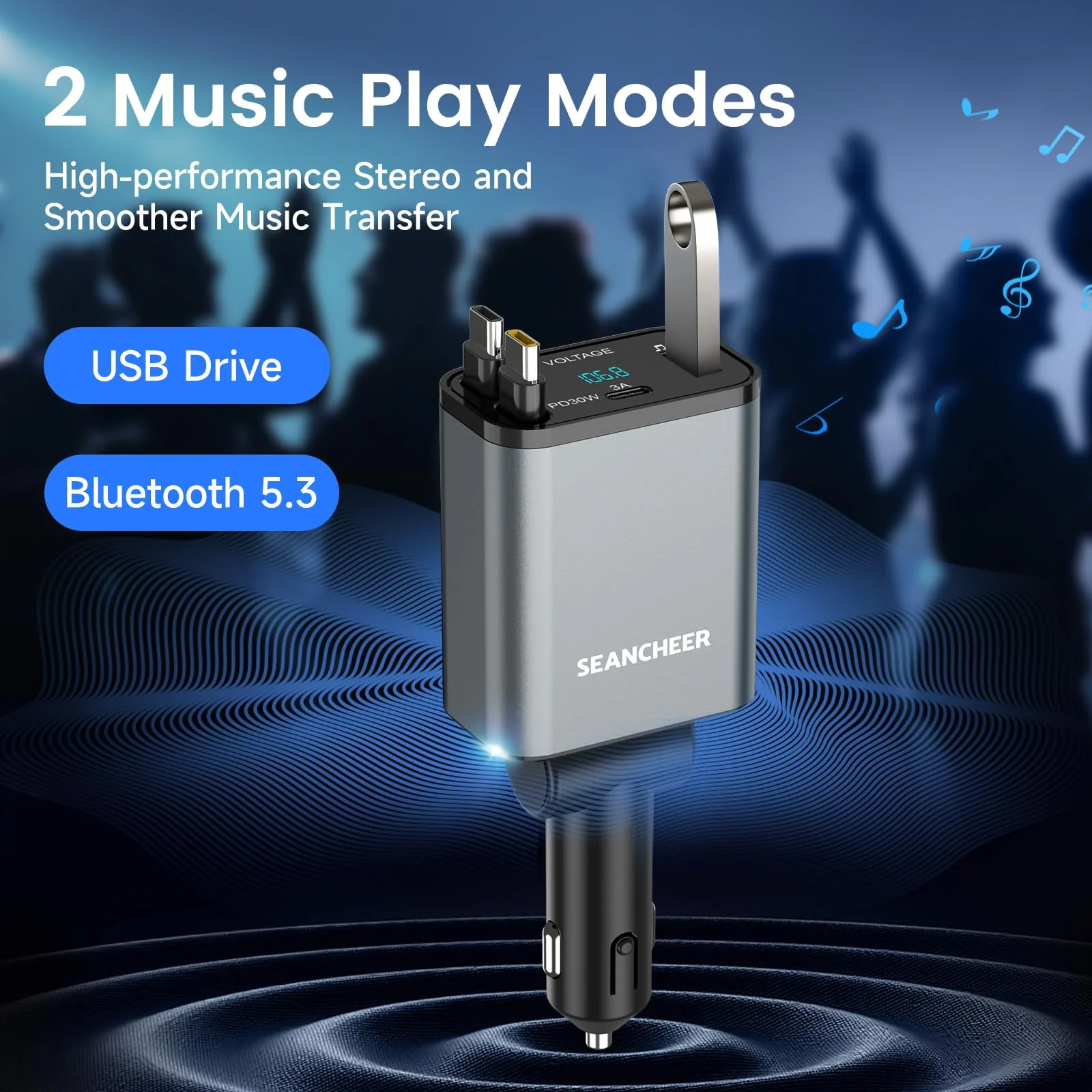 SEANCHEER Car Bluetooth Adapter & Car Charger USB C, 69W Cigarette Lighter Adapter with 2 Retractable Cables, FM Transmitter Bluetooth 5.3 for Handsfree Call, MP3 Player [Gray[USB-C+USB-C]] Gray[USB-C+USB-C] - Image 6