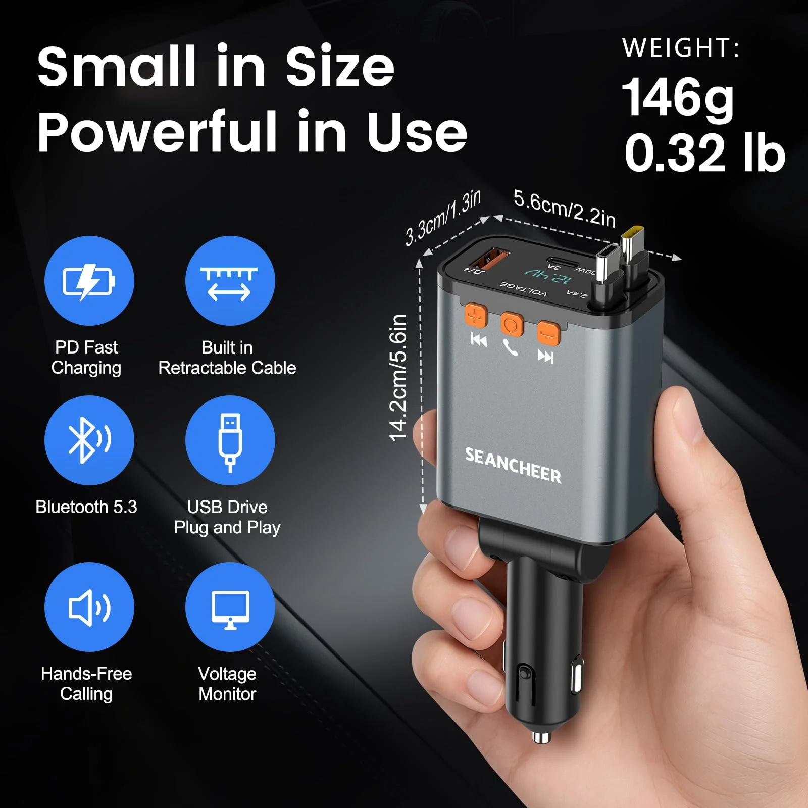 SEANCHEER Car Bluetooth Adapter & Car Charger USB C, 69W Cigarette Lighter Adapter with 2 Retractable Cables, FM Transmitter Bluetooth 5.3 for Handsfree Call, MP3 Player [Gray[USB-C+USB-C]] Gray[USB-C+USB-C] - Image 7