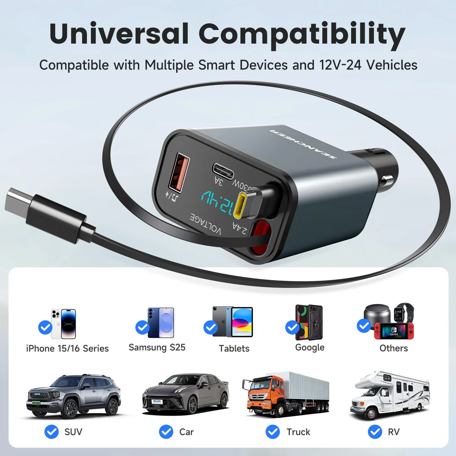 SEANCHEER Car Bluetooth Adapter & Car Charger USB C, 69W Cigarette Lighter Adapter with 2 Retractable Cables, FM Transmitter Bluetooth 5.3 for Handsfree Call, MP3 Player [Gray[USB-C+USB-C]] Gray[USB-C+USB-C] - Image 8